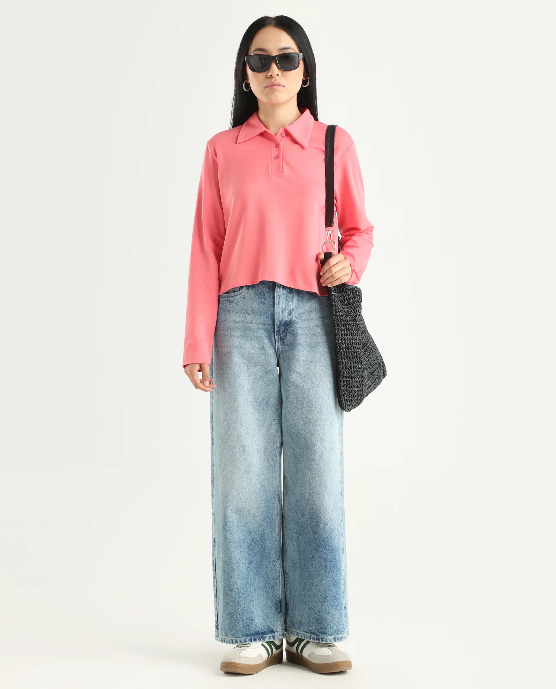 Rareism Women's Cotton Drop Collar Plain Regular Fit Top