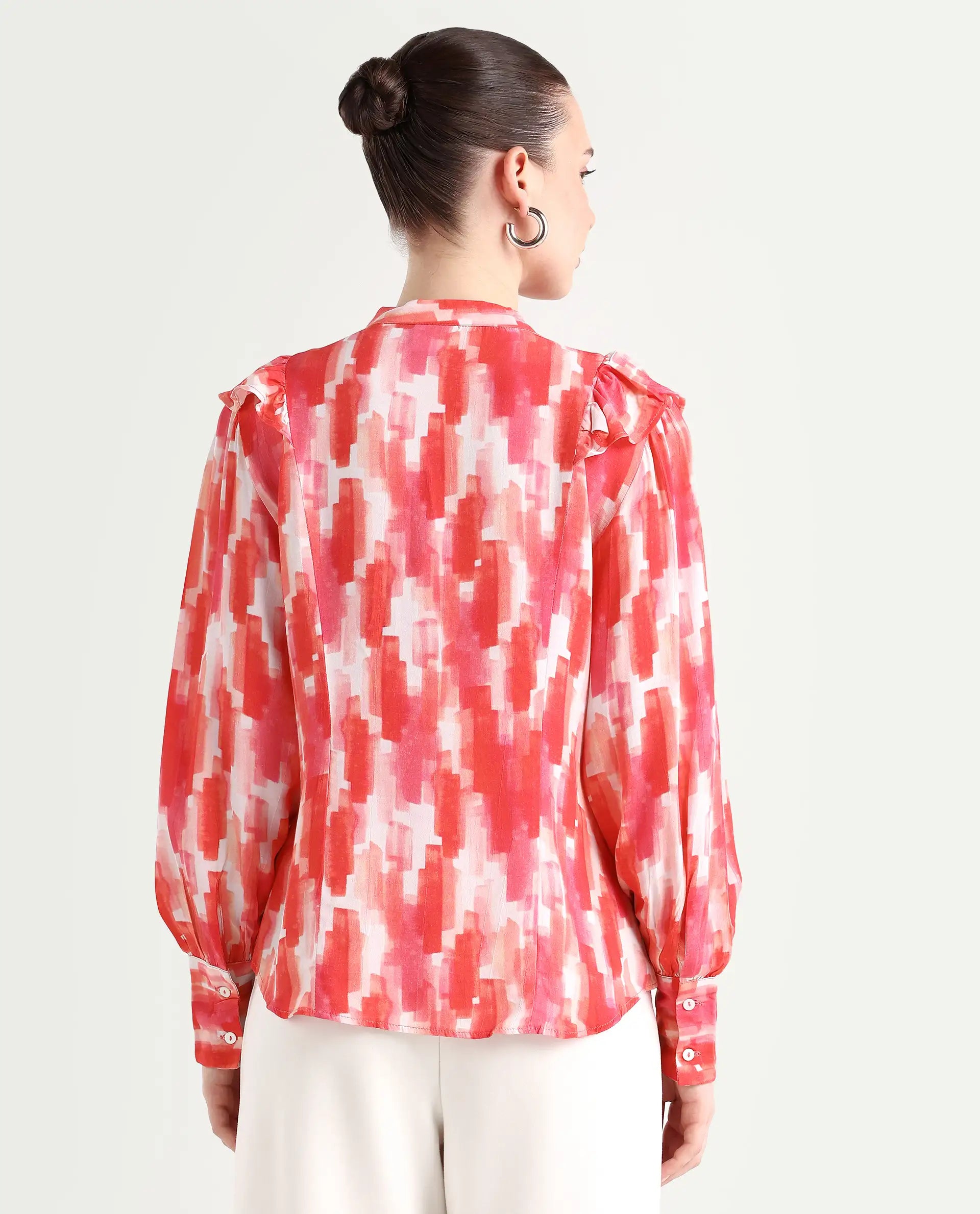 Rareism Women's Goku Pink Mandarin Collar Printed Knee Length Regular Fit Top