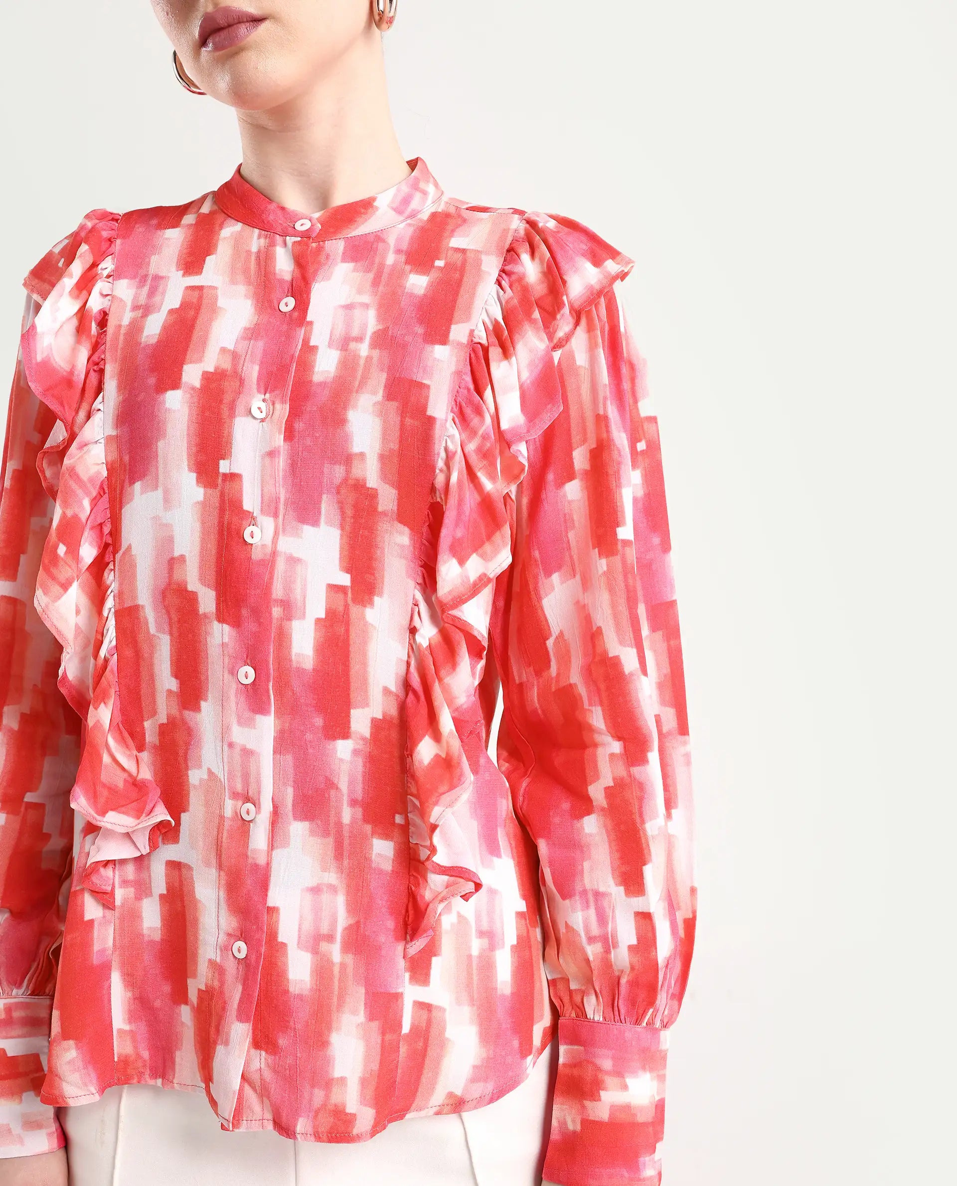 Rareism Women's Goku Pink Mandarin Collar Printed Knee Length Regular Fit Top