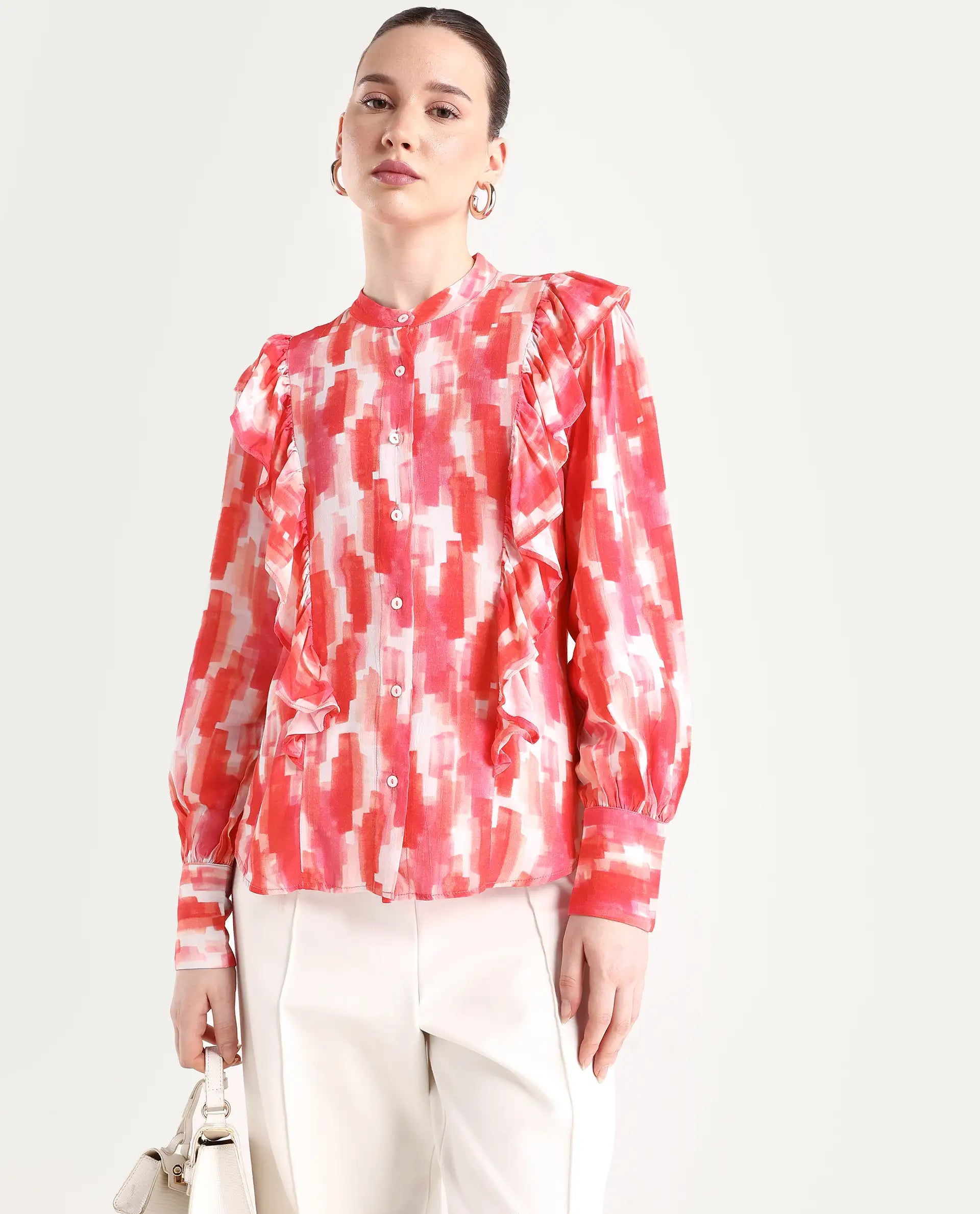 Rareism Women's Goku Pink Mandarin Collar Printed Knee Length Regular Fit Top