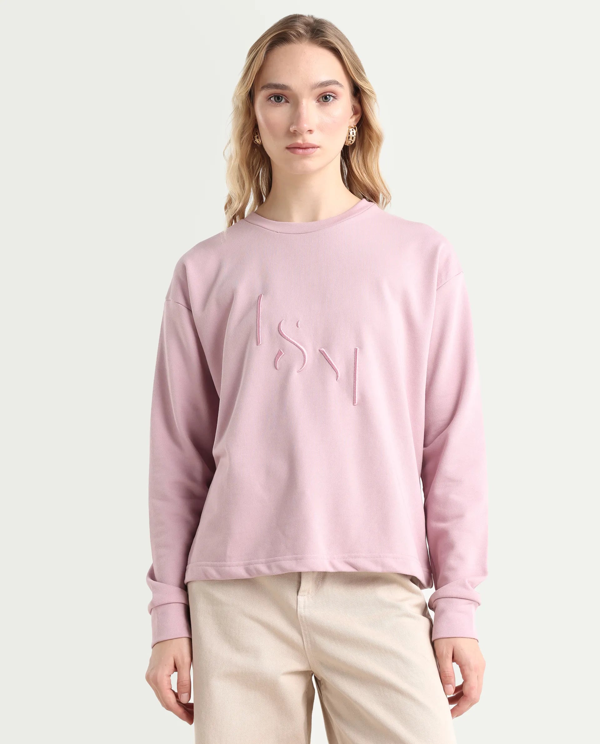 Rareism Women's Goldberg Dusky Pink Polyester Blend Crew Neck Embroidered Regular Fit Sweatshirt