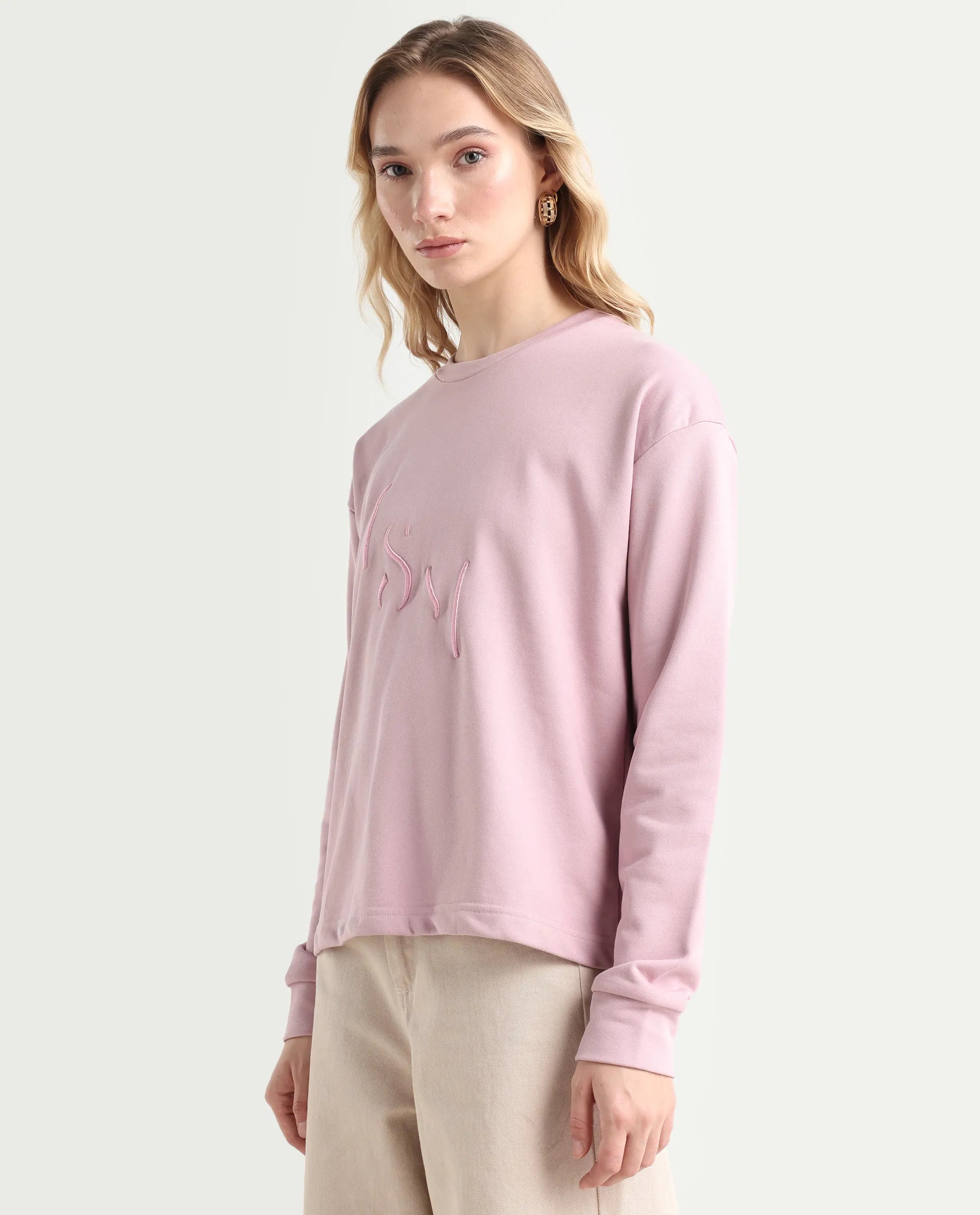 Rareism Women's Goldberg Dusky Pink Polyester Blend Crew Neck Embroidered Regular Fit Sweatshirt