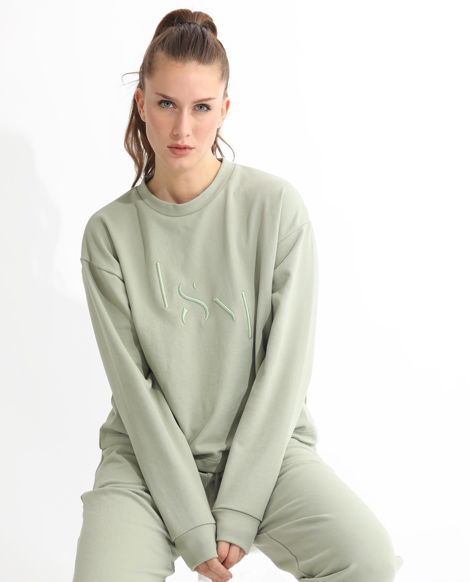 Rareism Articale Women Goldrage Dusky Green Poly Cotton Fabric Full Sleeves Round Neck Regular Fit Embroidered Sweatshirt
