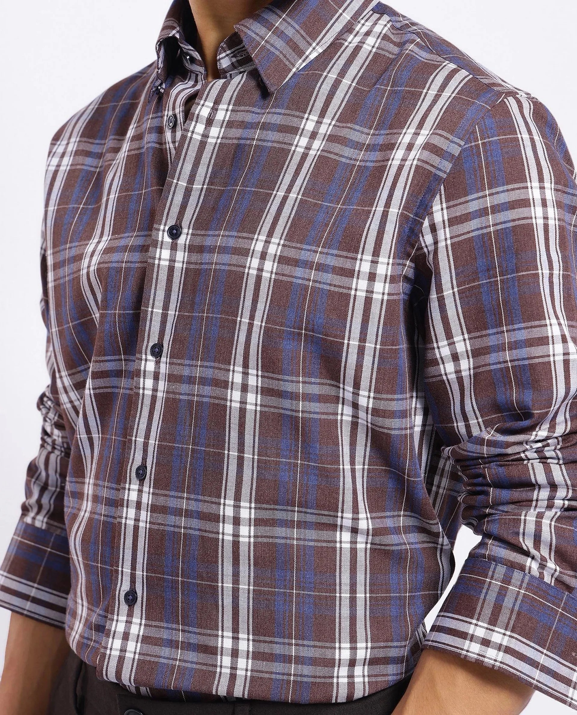 Rare Rabbit Men's Golk Brown Cotton Fabric Full Sleeve Regular Fit Checks Shirt