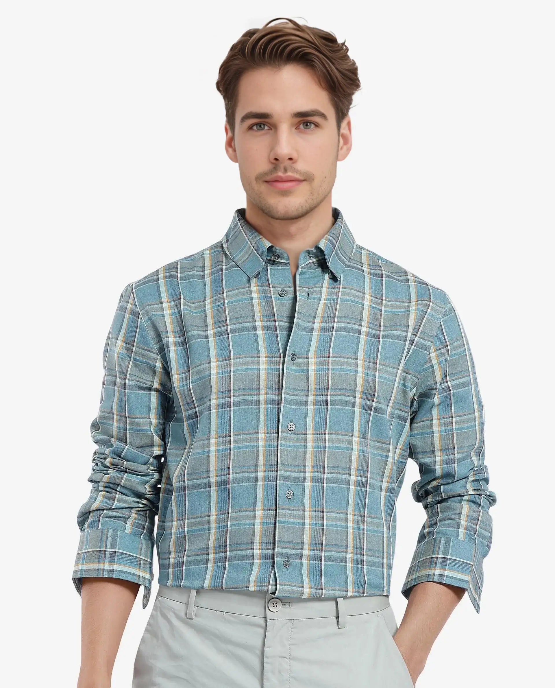 Rare Rabbit Men's Golk Turq Cotton Checked Print Regular Fit Full Sleeve Collared Shirt