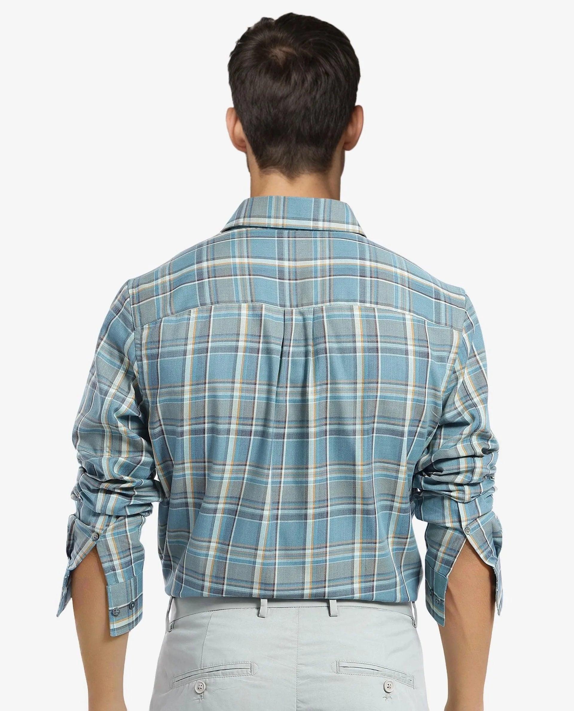 Rare Rabbit Men's Golk Turq Cotton Fabric Full Sleeve Collared Neck Checks Shirt