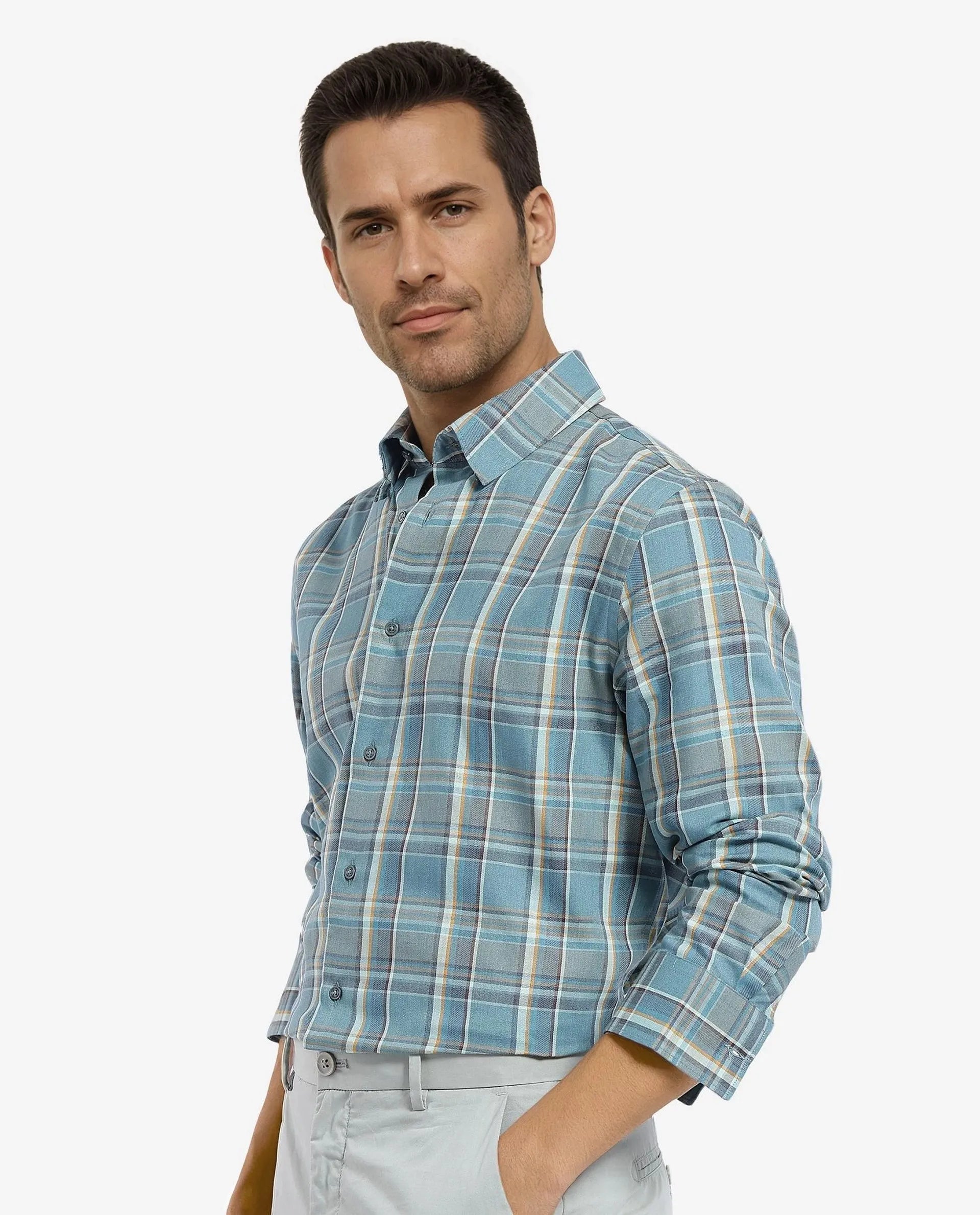 Rare Rabbit Men's Golk Turq Cotton Fabric Full Sleeve Collared Neck Checks Shirt