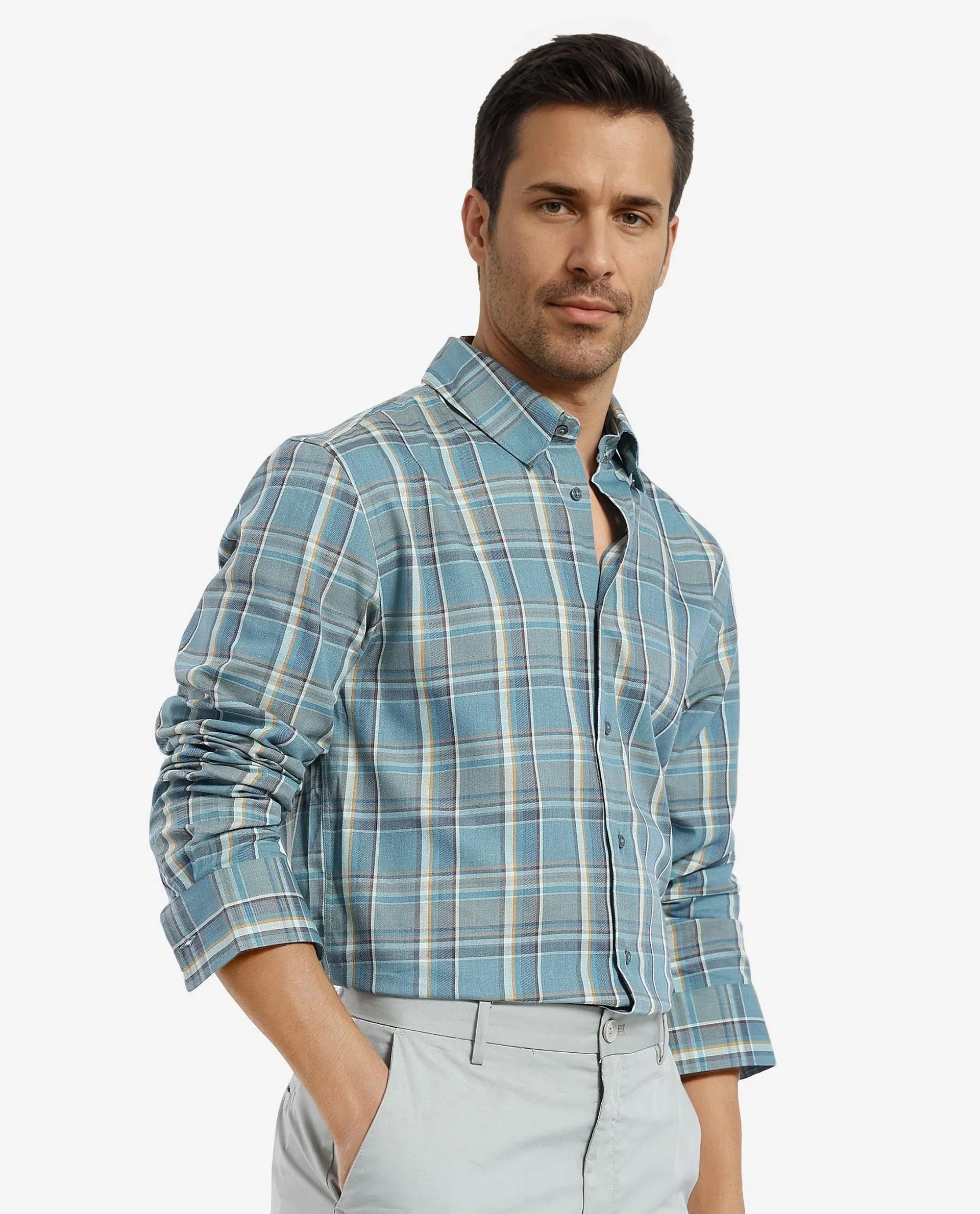 Rare Rabbit Men's Golk Turq Cotton Fabric Full Sleeve Collared Neck Checks Shirt