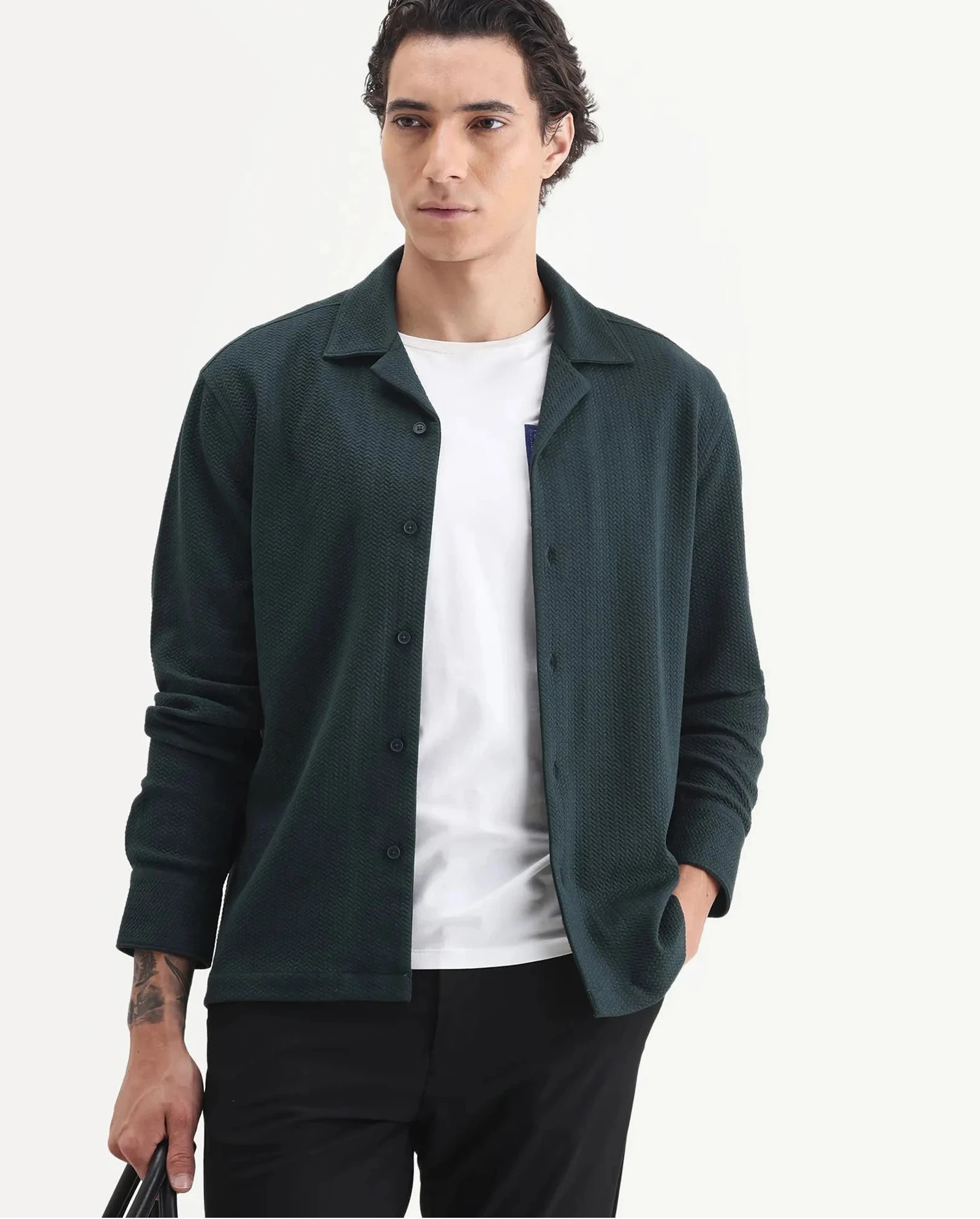 Rare Rabbit Men's Gomi Dark Green Cotton Blend Fabric Full Sleeve Regular Fit Textured Shirt