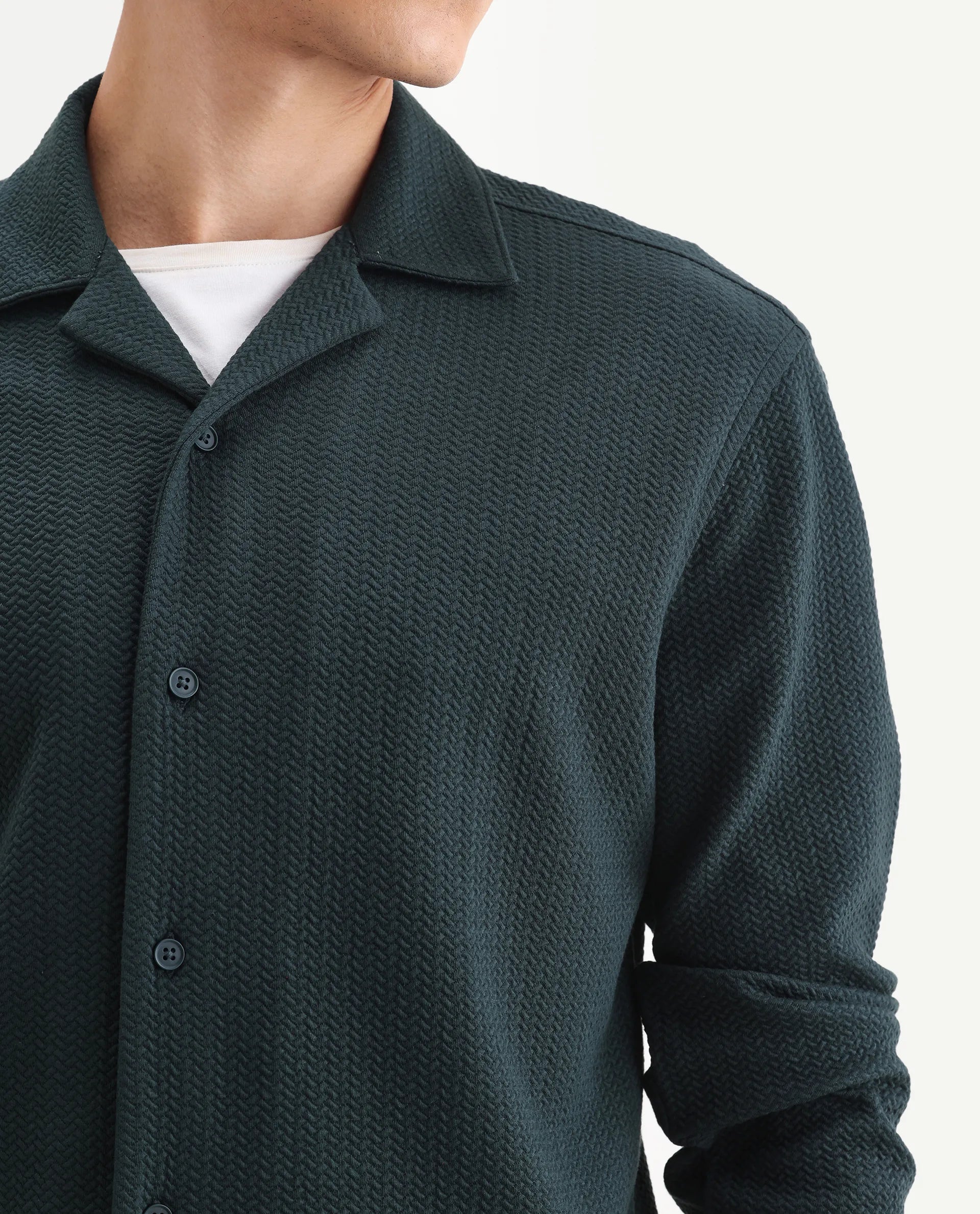 Rare Rabbit Men's Gomi Dark Green Cotton Blend Fabric Full Sleeve Regular Fit Textured Shirt