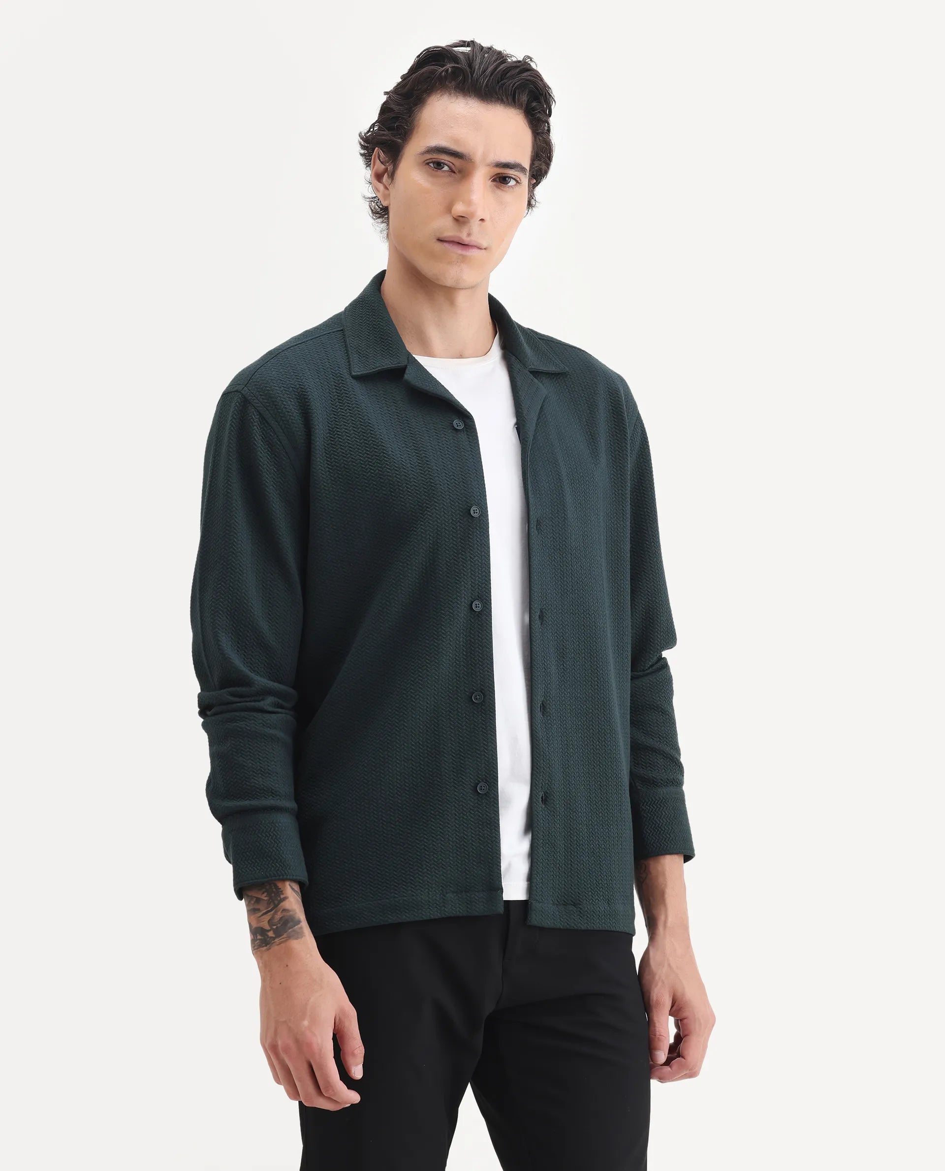 Rare Rabbit Men's Gomi Dark Green Cotton Blend Fabric Full Sleeve Regular Fit Textured Shirt