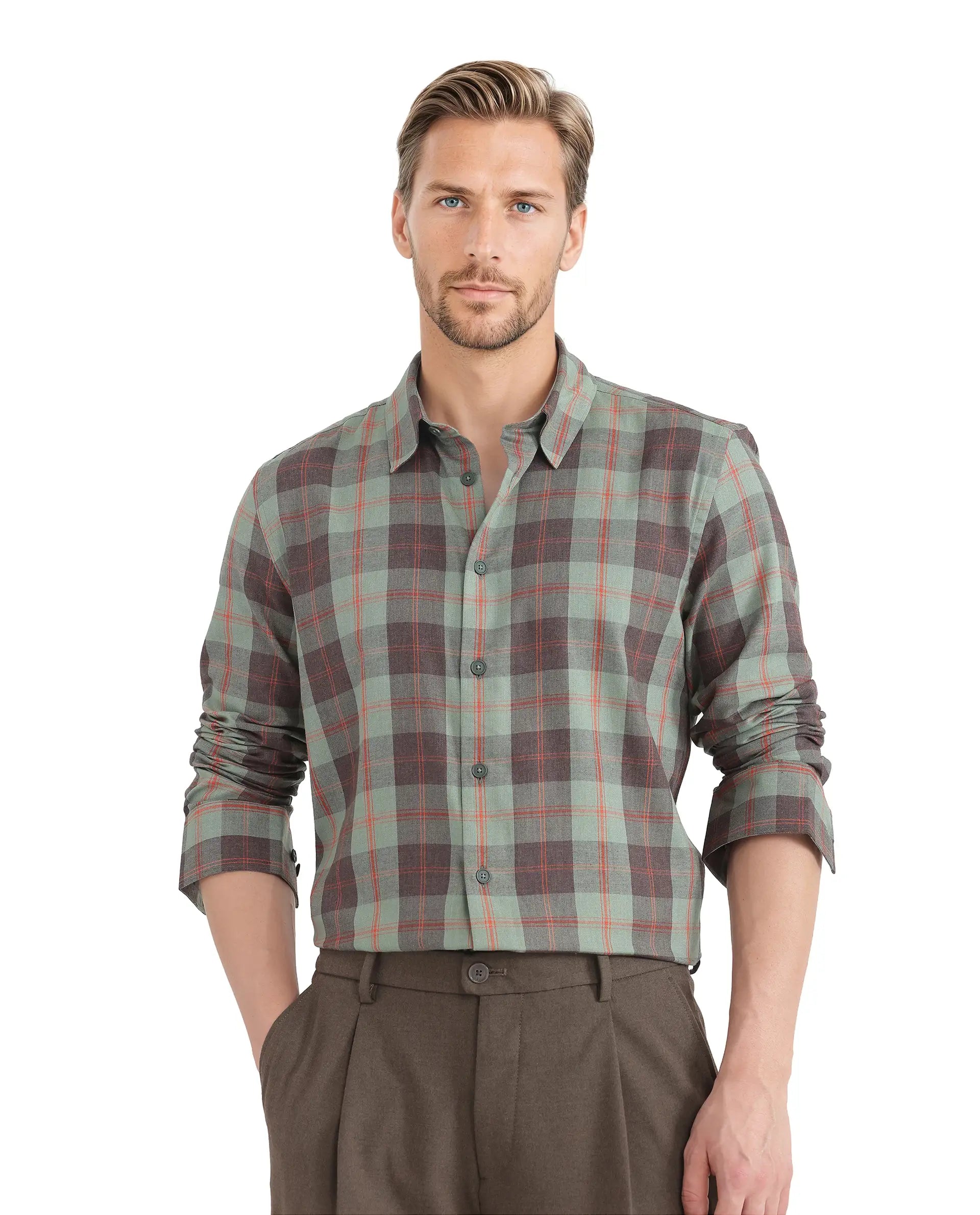 Rare Rabbit Men's Gory Dark Olive Cotton Fabric Full Sleeve Collared Neck Button Closure Printed Shirt