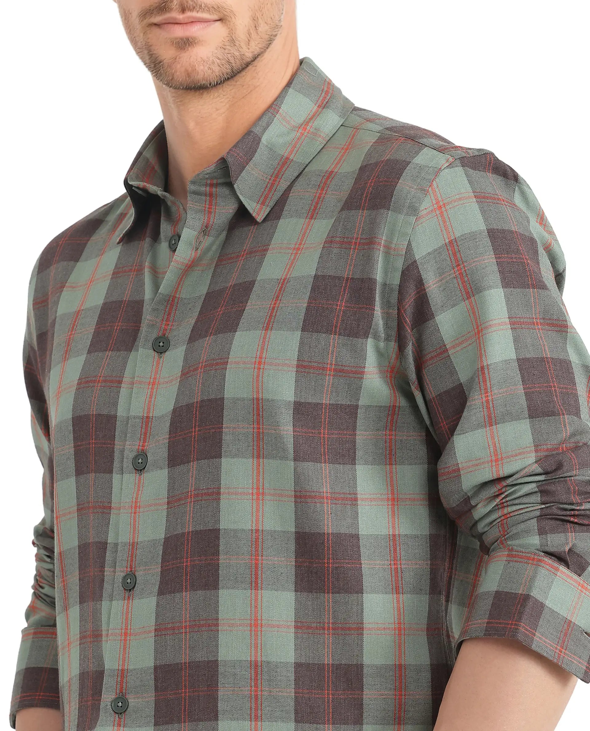 Rare Rabbit Men's Gory Dark Olive Cotton Fabric Full Sleeve Collared Neck Button Closure Printed Shirt