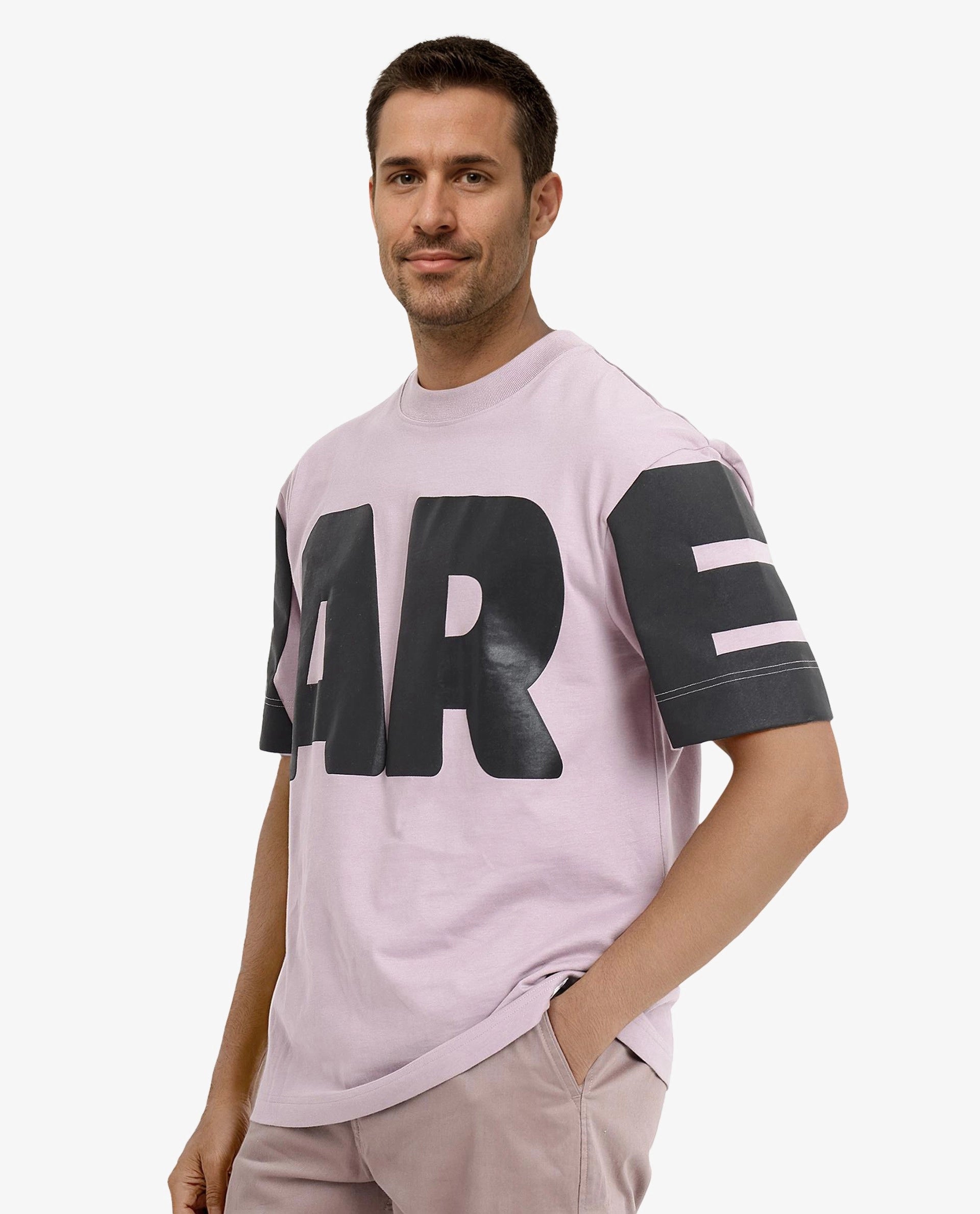 Rare Rabbit Men Goss Lilac Short Sleeve Crew Neck Oversized Fit Typo Graphic Print T-Shirt