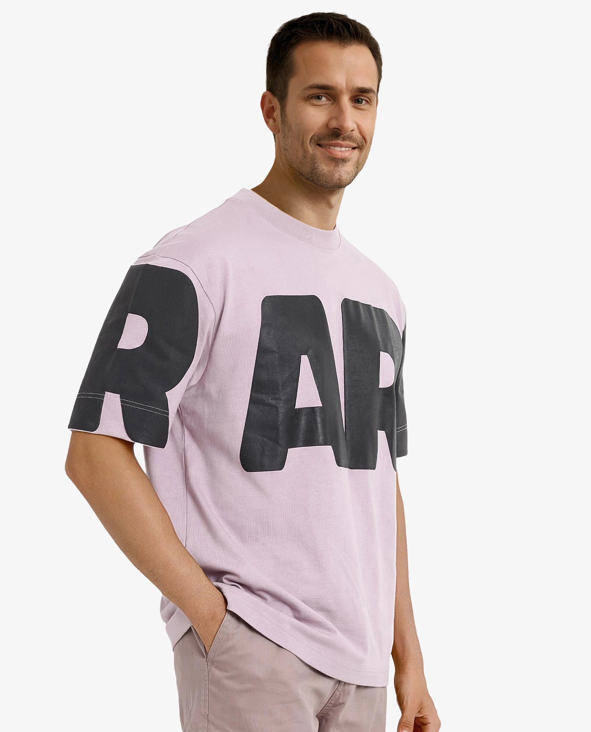 Rare Rabbit Men Goss Lilac Short Sleeve Crew Neck Oversized Fit Typo Graphic Print T-Shirt