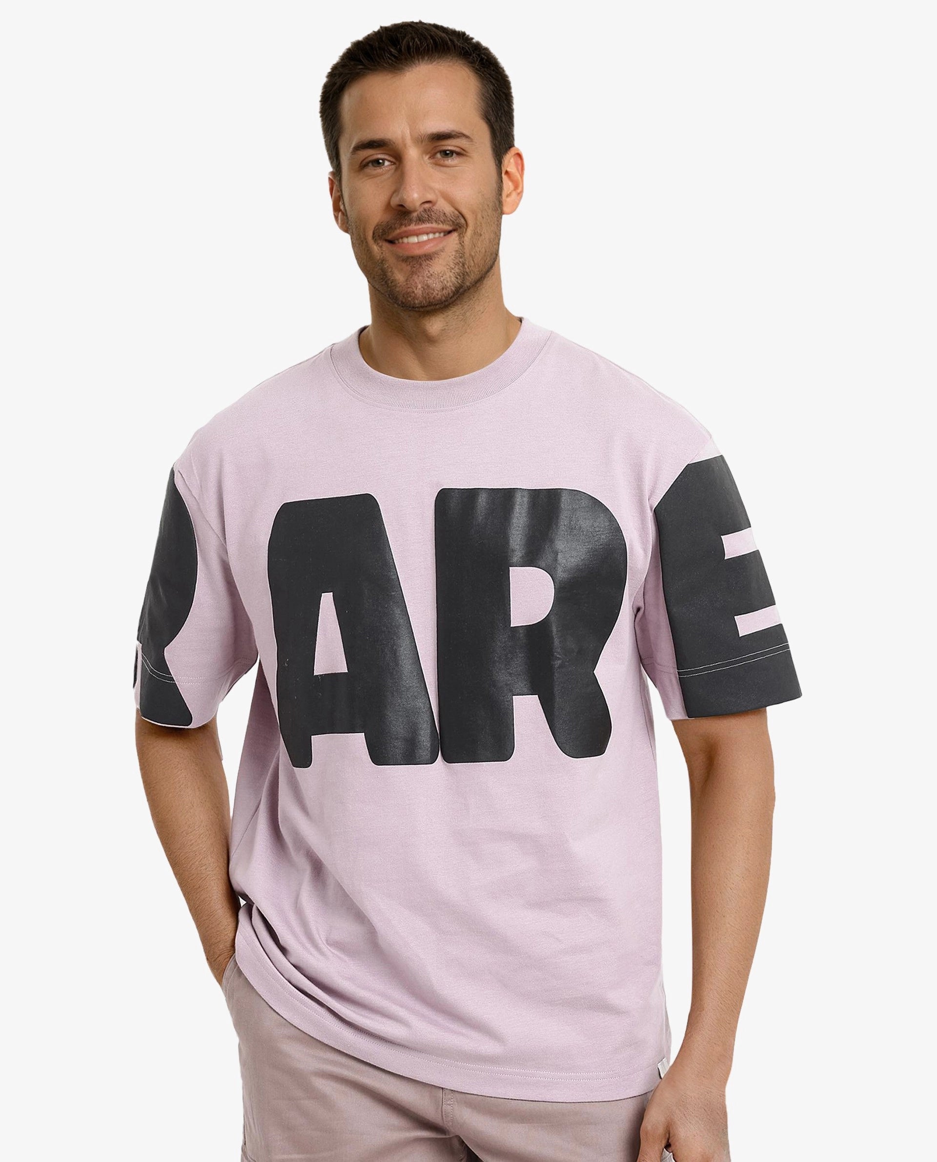 Rare Rabbit Men Goss Lilac Short Sleeve Crew Neck Oversized Fit Typo Graphic Print T-Shirt