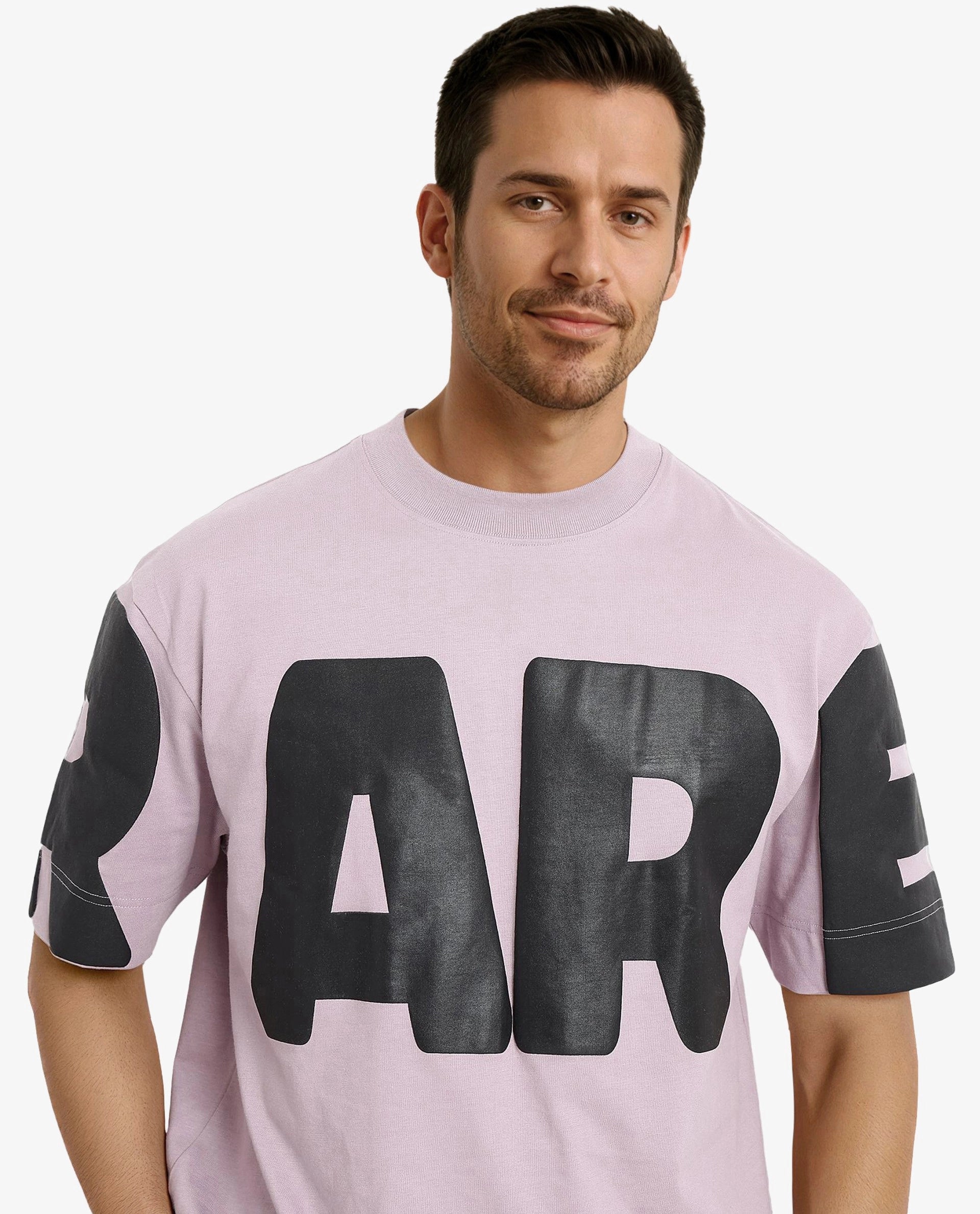 Rare Rabbit Men Goss Lilac Short Sleeve Crew Neck Oversized Fit Typo Graphic Print T-Shirt