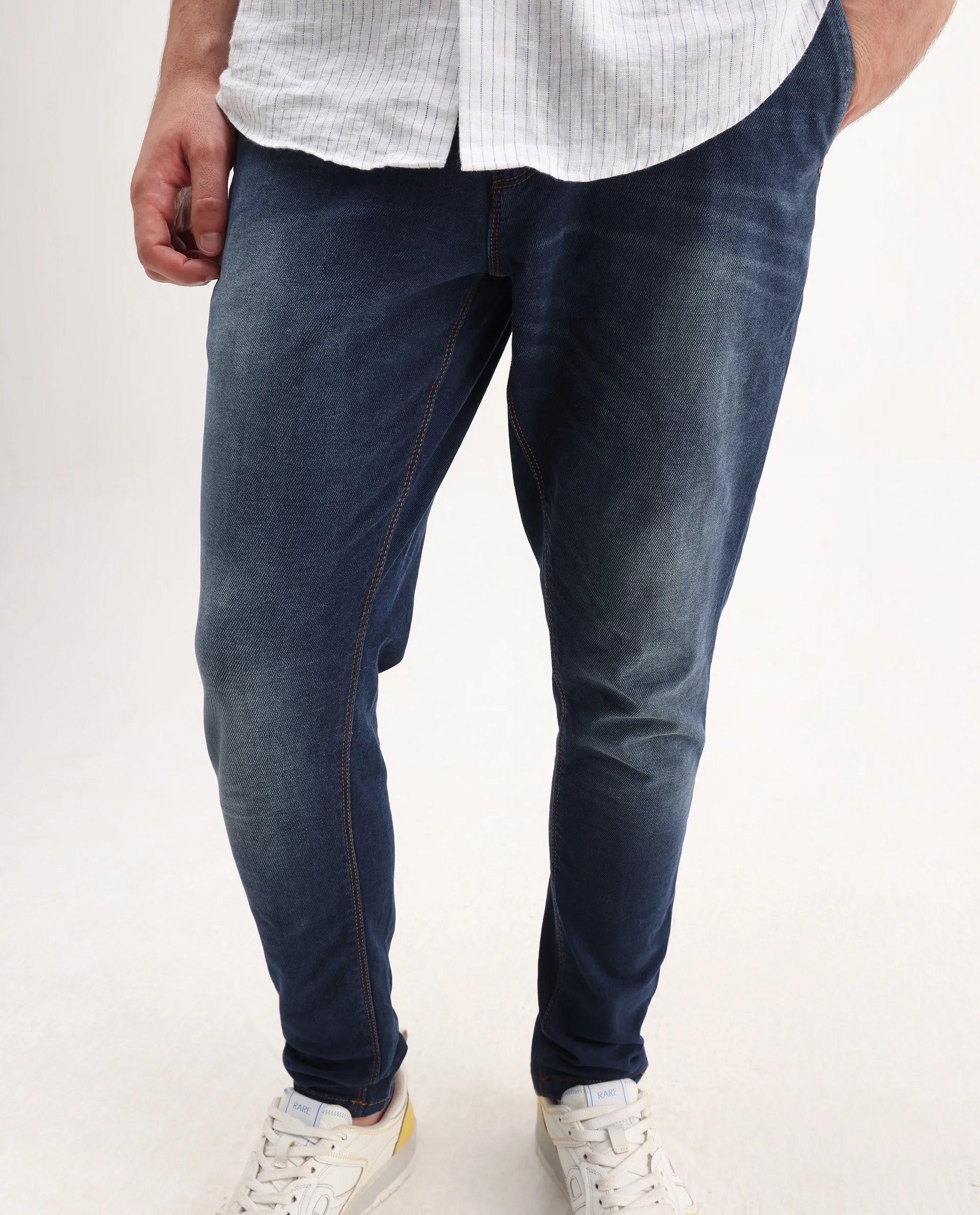 Rare Rabbit Men's Gracia Blue Cotton Plain Hawk Slim Fit Jeans