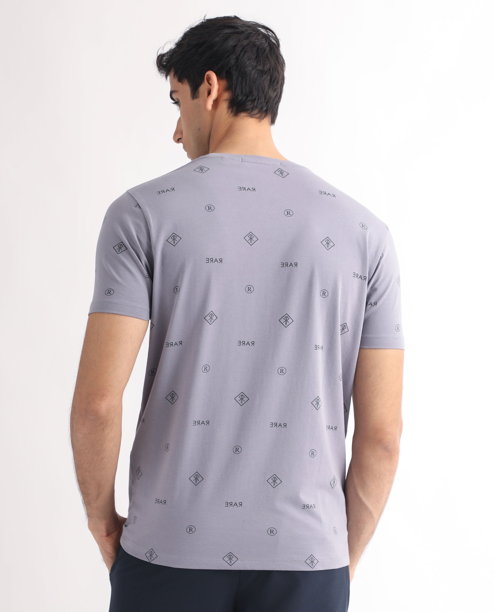 Rare Rabbit Men's Grammy Grey Crew Neck Half Sleeves Regular Fit Monogram Print T-Shirt
