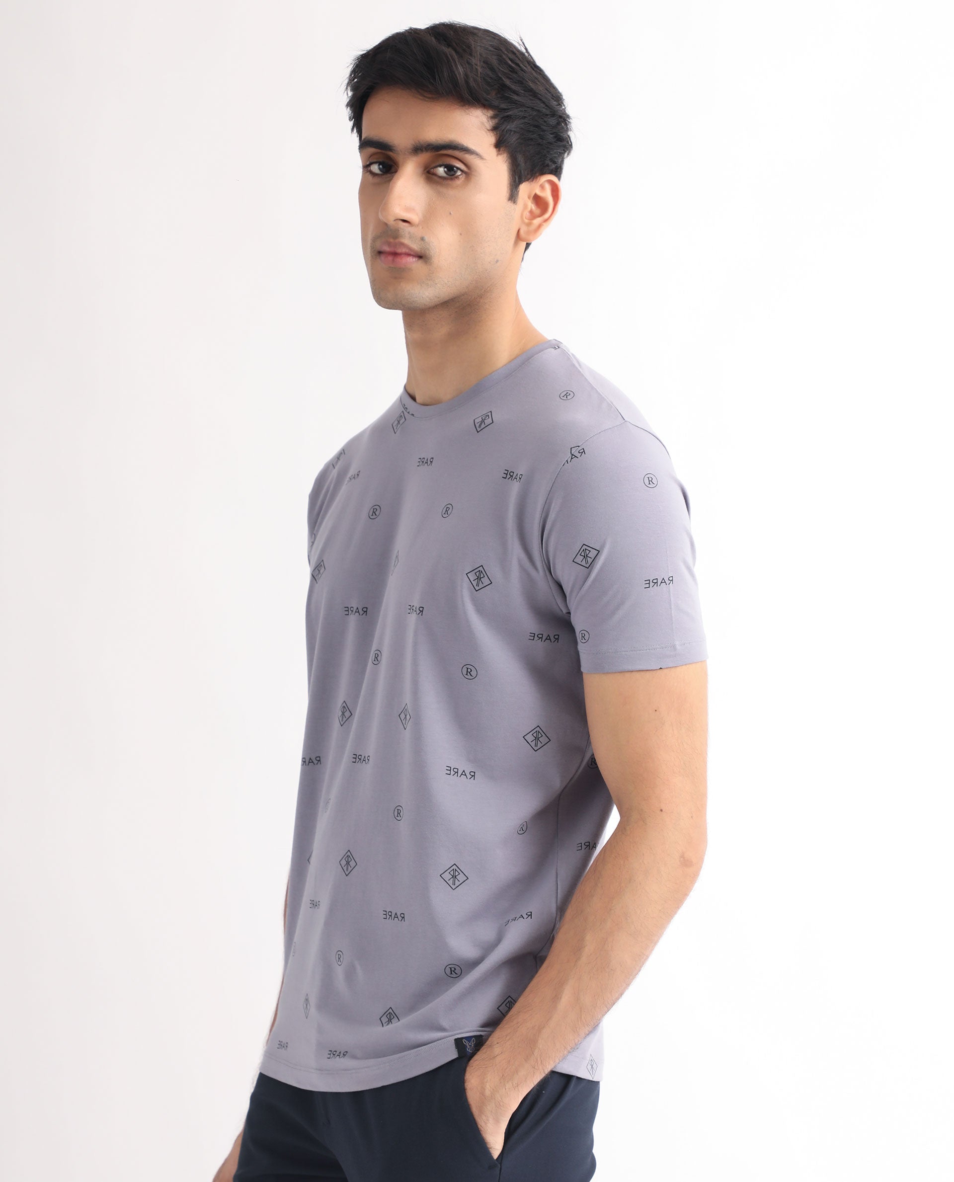 Rare Rabbit Men's Grammy Grey Crew Neck Half Sleeves Regular Fit Monogram Print T-Shirt