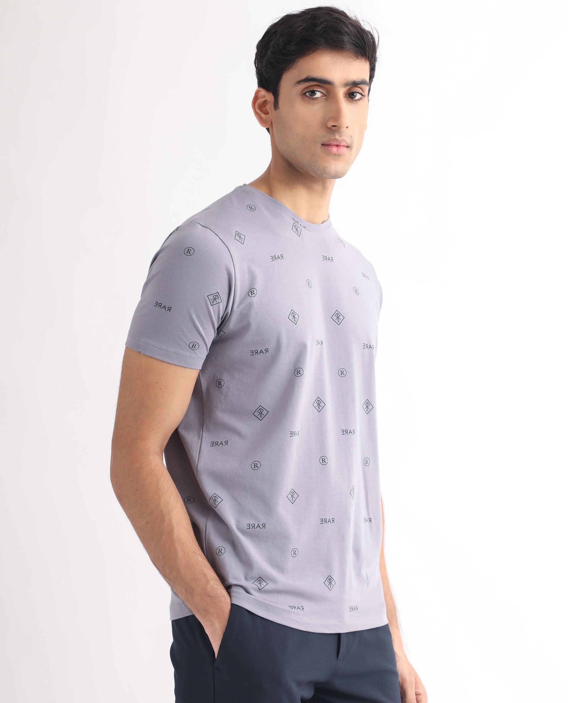 Rare Rabbit Men's Grammy Grey Crew Neck Half Sleeves Regular Fit Monogram Print T-Shirt