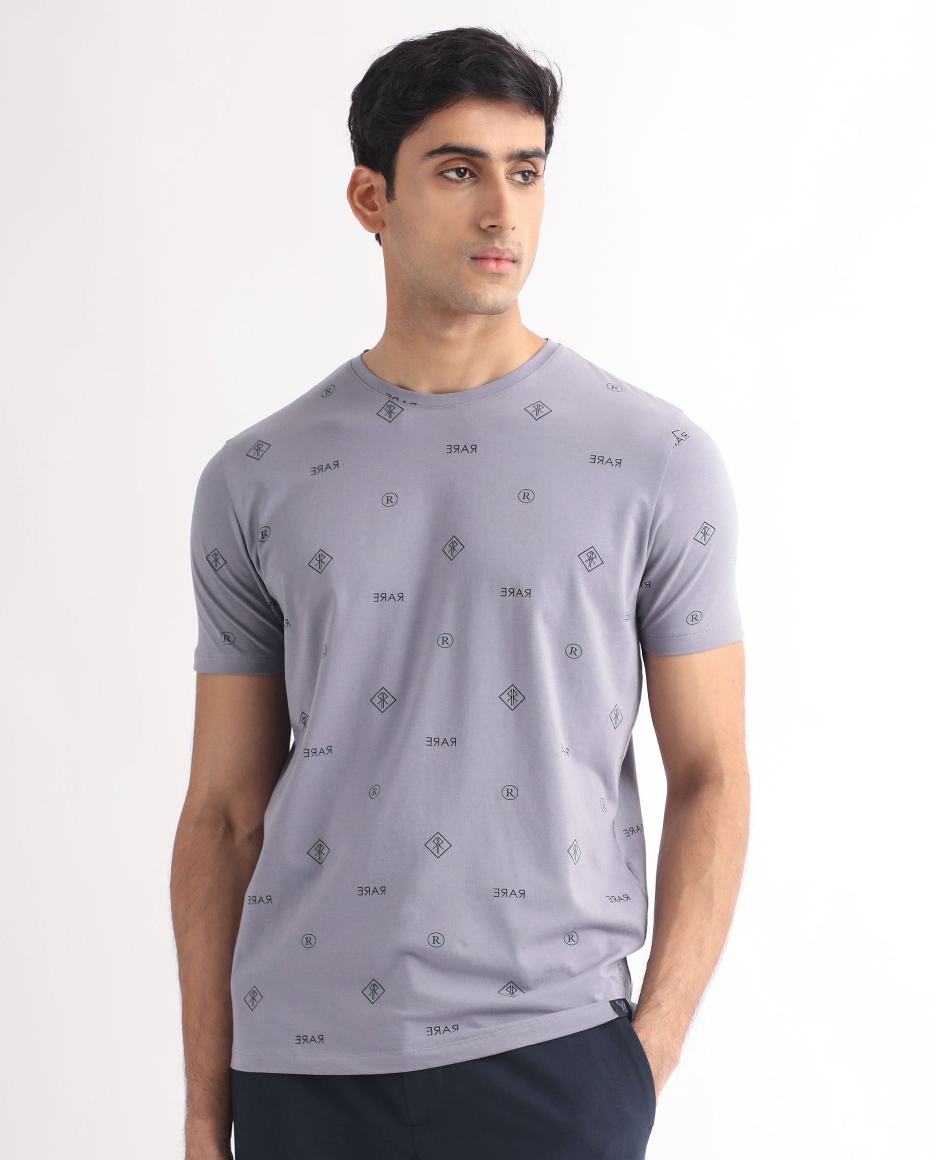 Rare Rabbit Men's Grammy Grey Crew Neck Half Sleeves Regular Fit Monogram Print T-Shirt
