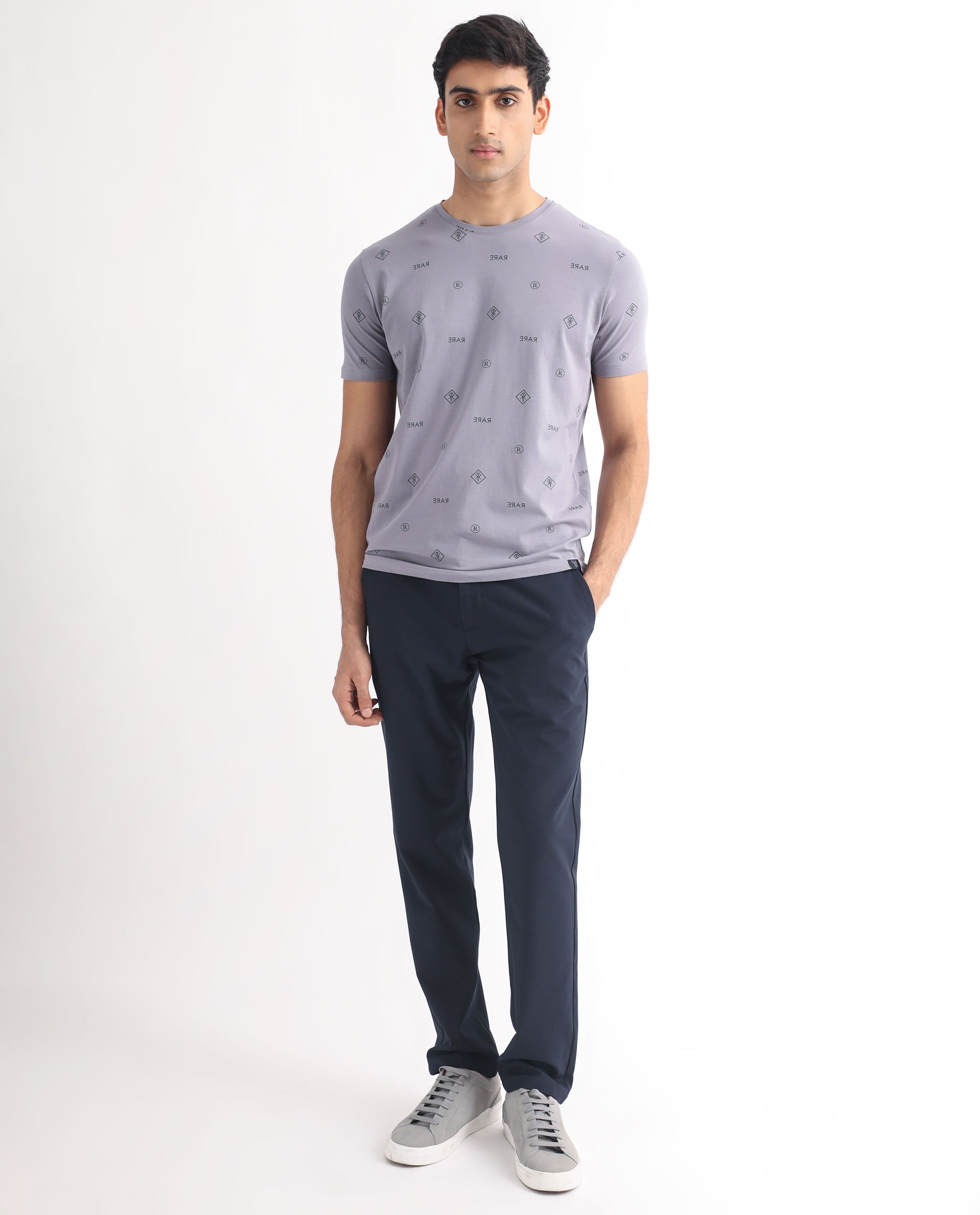 Rare Rabbit Men's Grammy Grey Crew Neck Half Sleeves Regular Fit Monogram Print T-Shirt