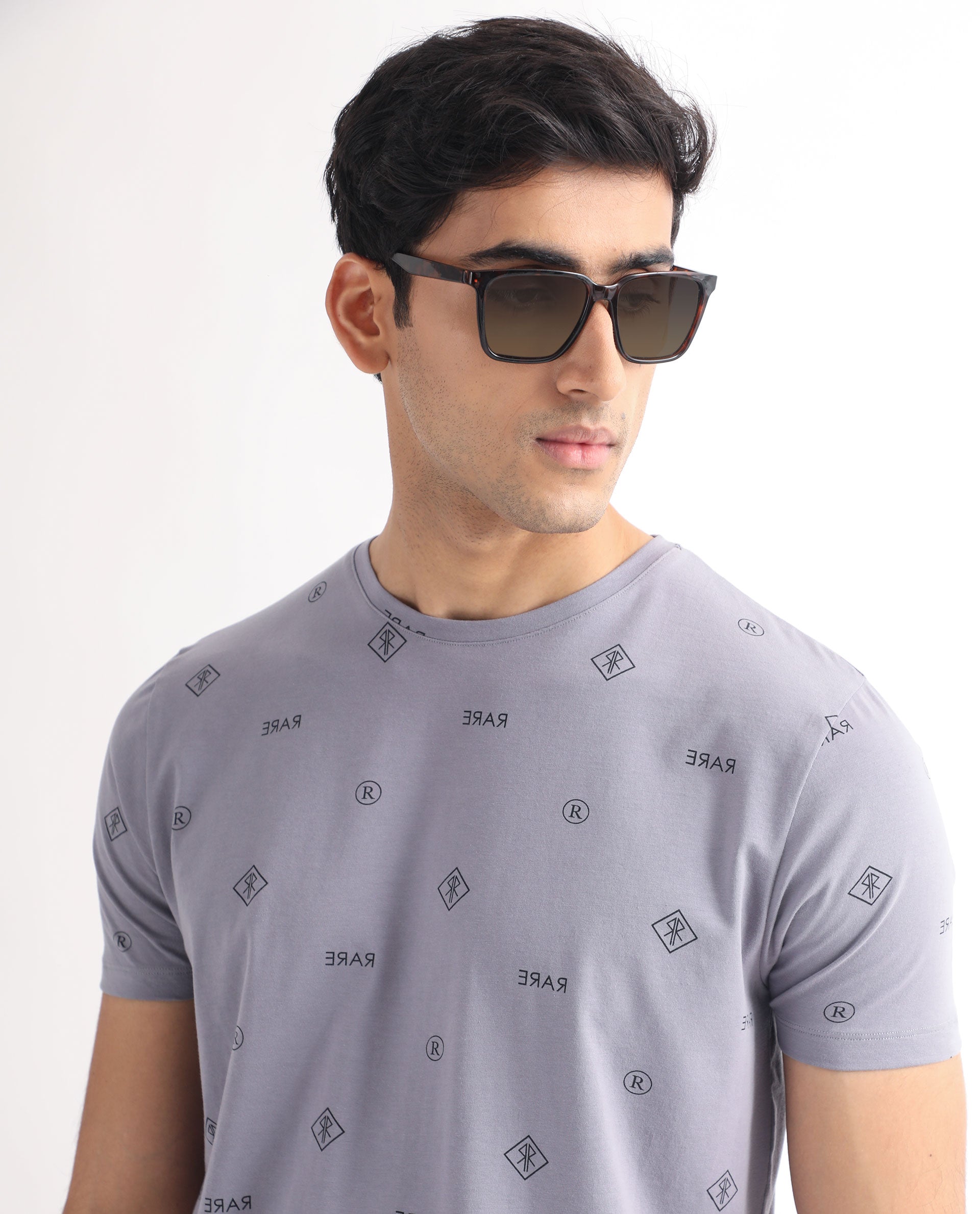 Rare Rabbit Men's Grammy Grey Crew Neck Half Sleeves Regular Fit Monogram Print T-Shirt