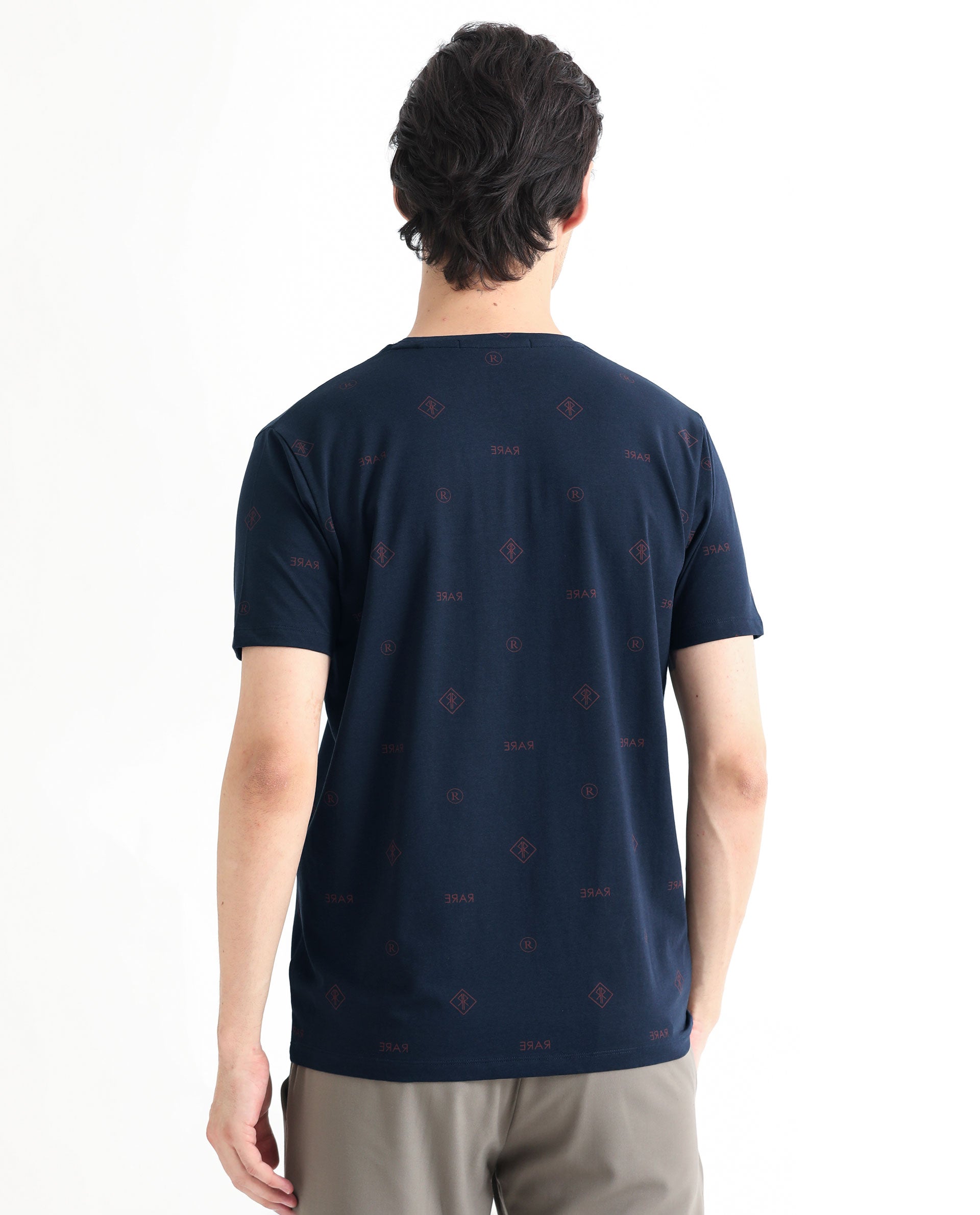 Rare Rabbit Men's Grammy Navy Crew Neck Half Sleeves Regular Fit Monogram Print T-Shirt
