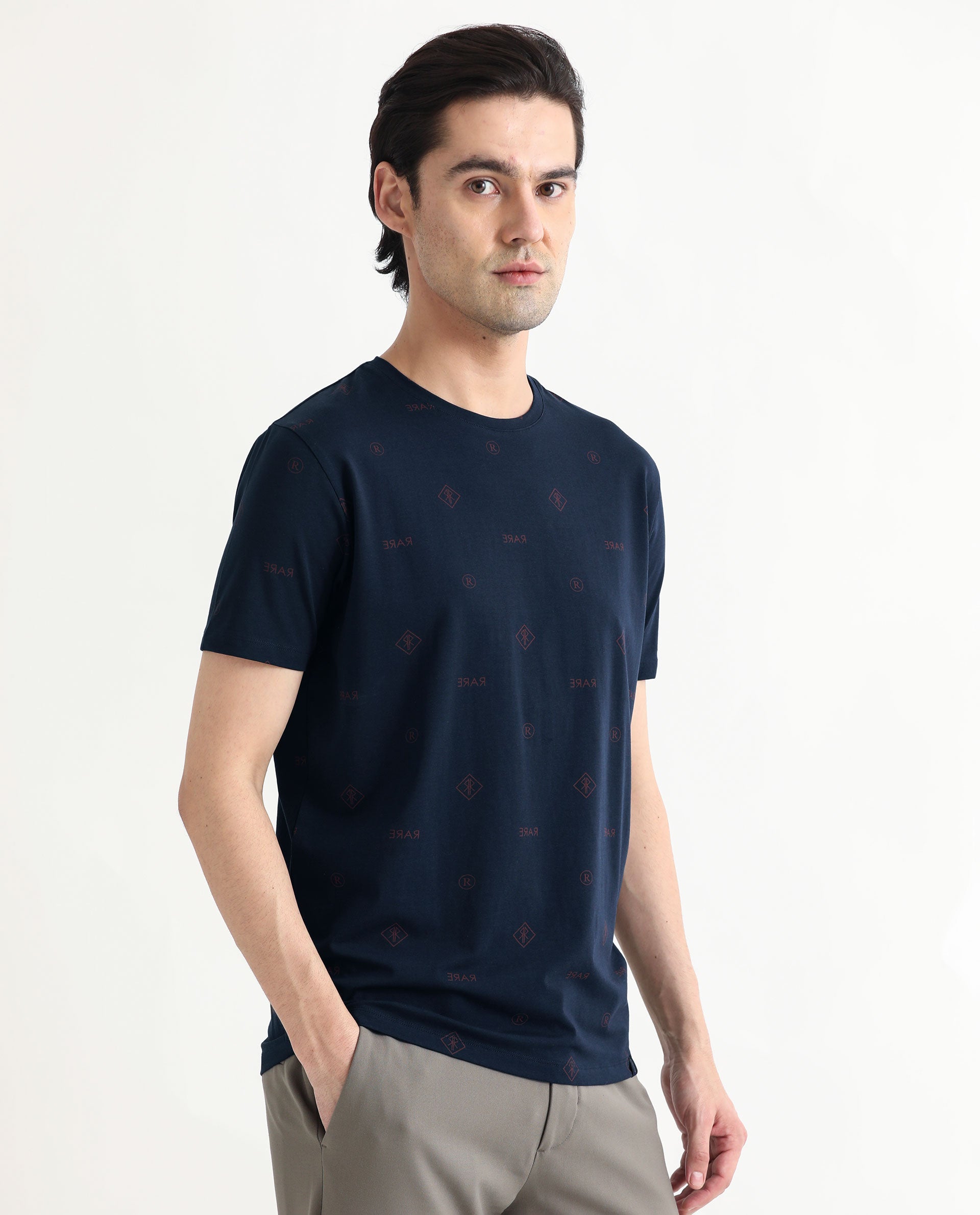 Rare Rabbit Men's Grammy Navy Crew Neck Half Sleeves Regular Fit Monogram Print T-Shirt