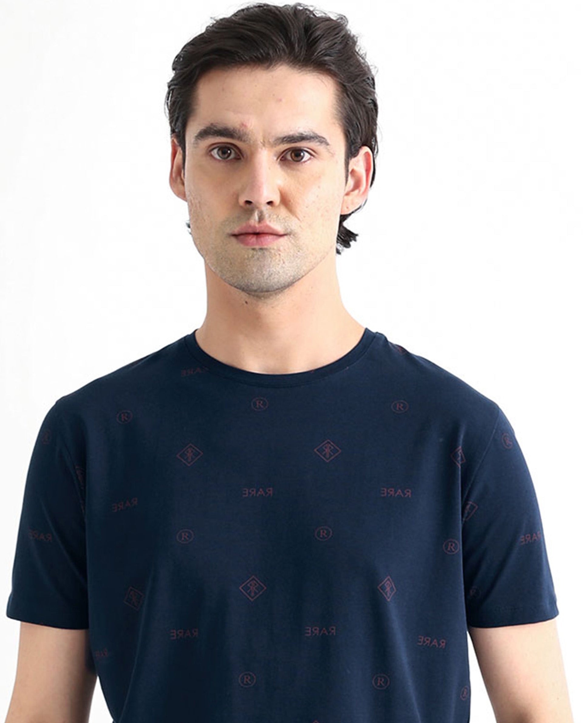 Rare Rabbit Men's Grammy Navy Crew Neck Half Sleeves Regular Fit Monogram Print T-Shirt
