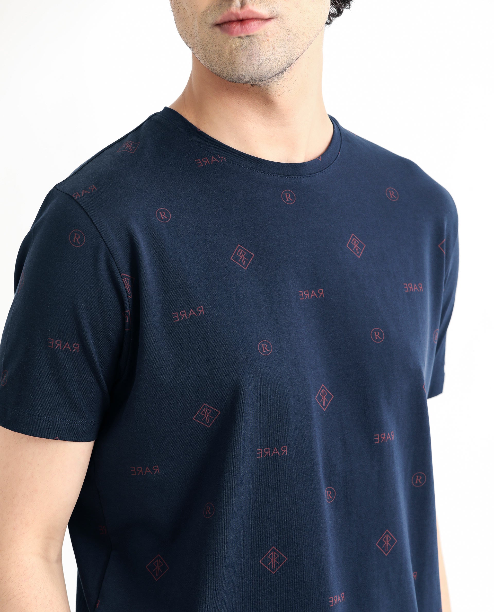 Rare Rabbit Men's Grammy Navy Crew Neck Half Sleeves Regular Fit Monogram Print T-Shirt
