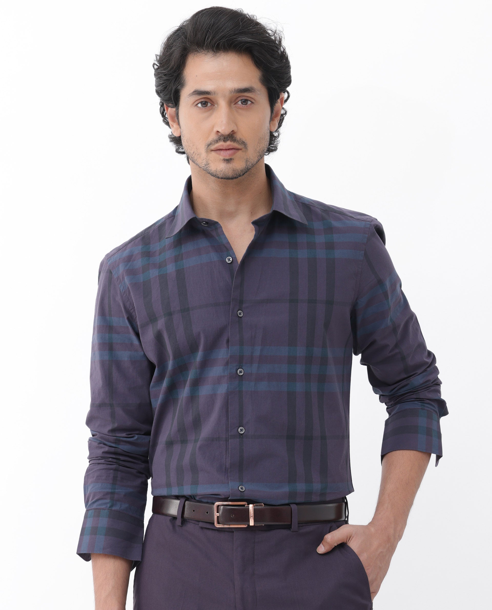 Rare Rabbit Mens Gramy Navy Full Sleeve Cotton Checks Shirt