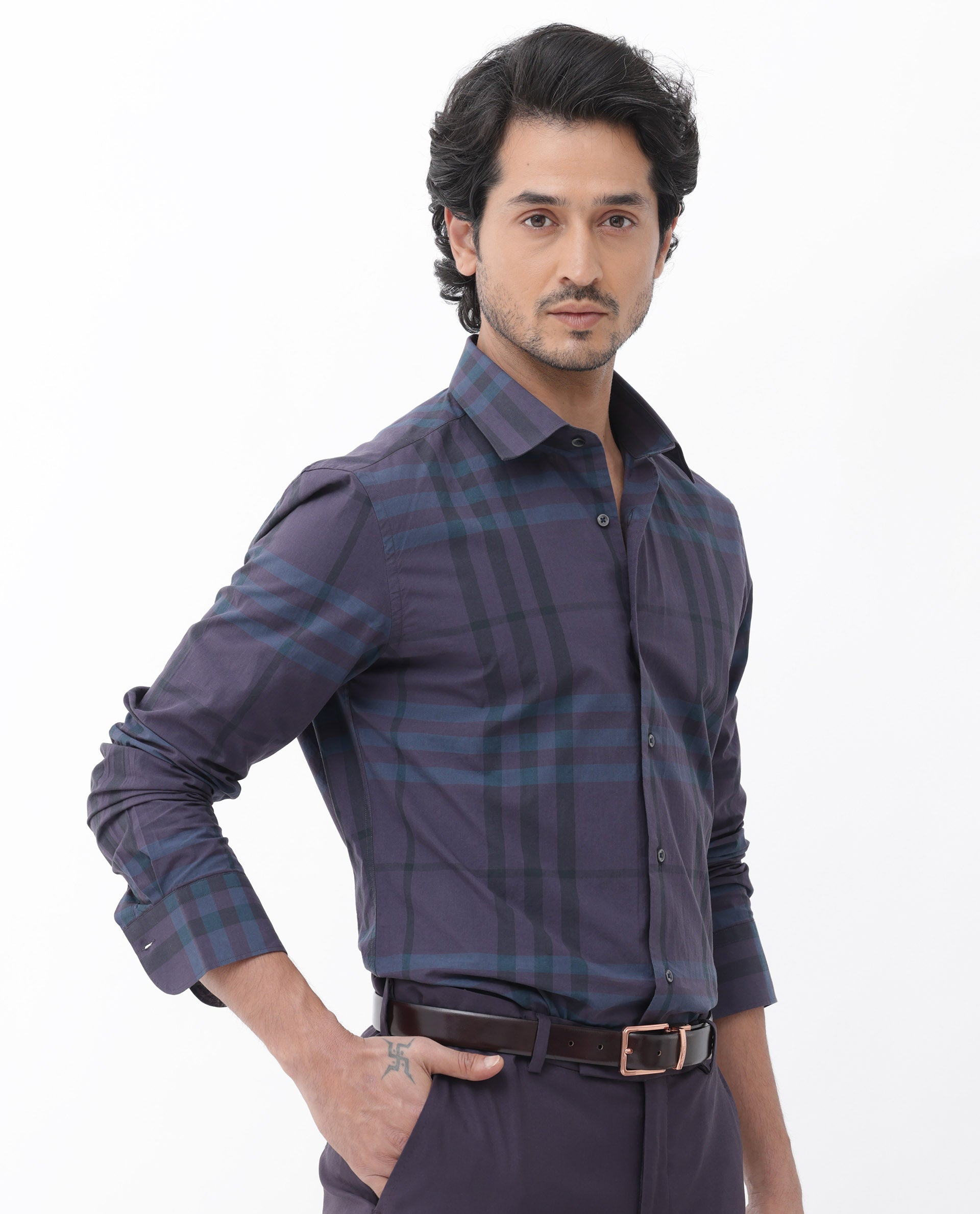 Rare Rabbit Mens Gramy Navy Full Sleeve Cotton Checks Shirt