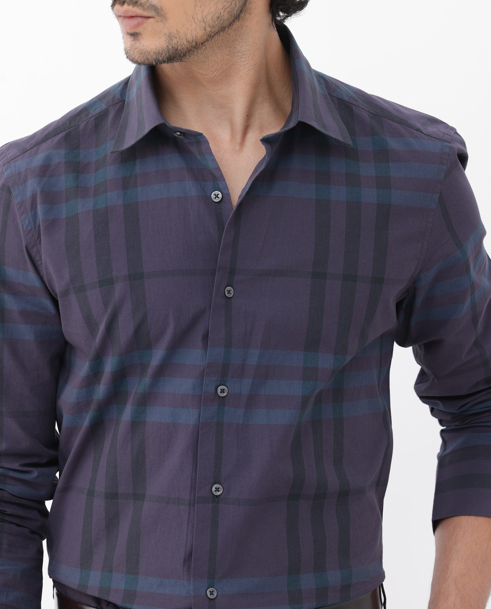 Rare Rabbit Mens Gramy Navy Full Sleeve Cotton Checks Shirt