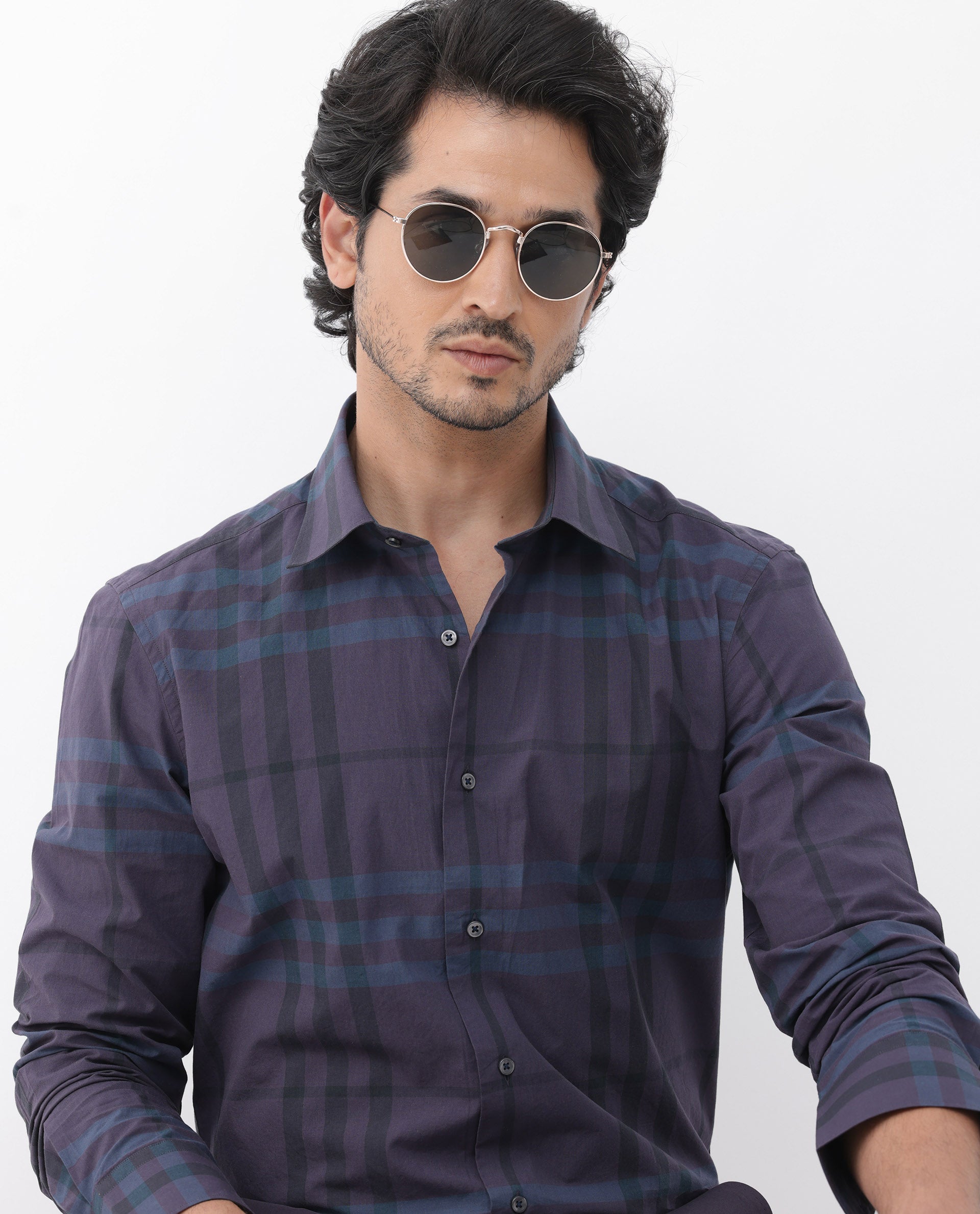 Rare Rabbit Mens Gramy Navy Full Sleeve Cotton Checks Shirt