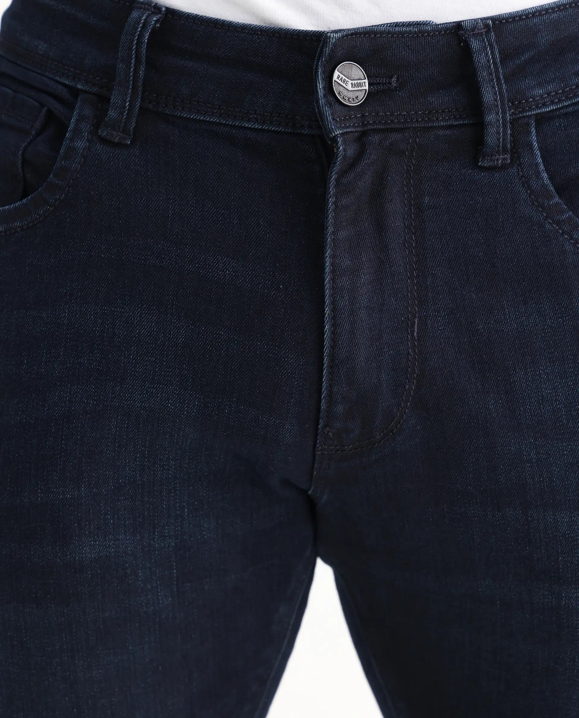 Rare Rabbit Men's Grana Blue Cotton Plain Hawk Slim Fit Jeans