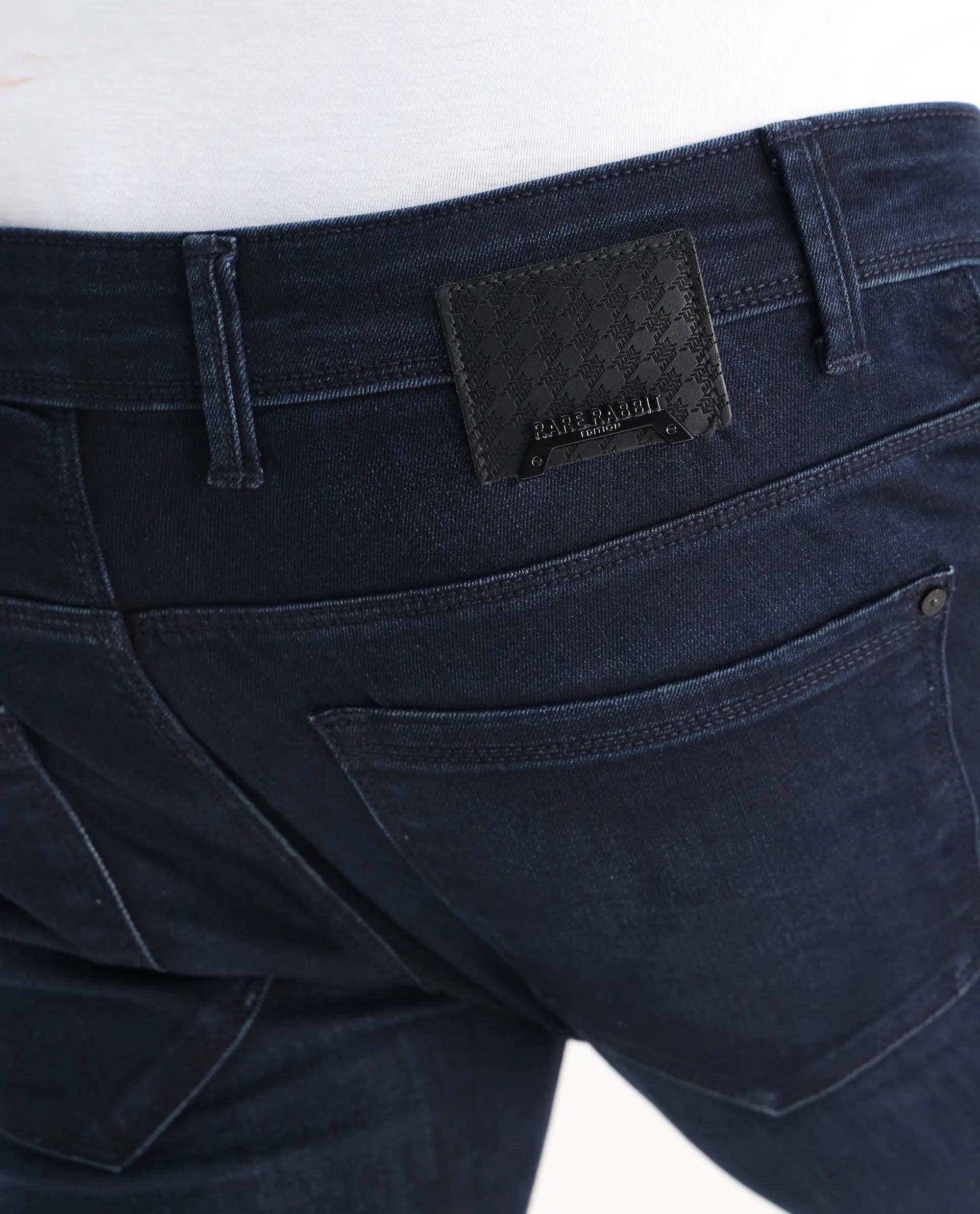 Rare Rabbit Men's Grana Blue Cotton Plain Hawk Slim Fit Jeans