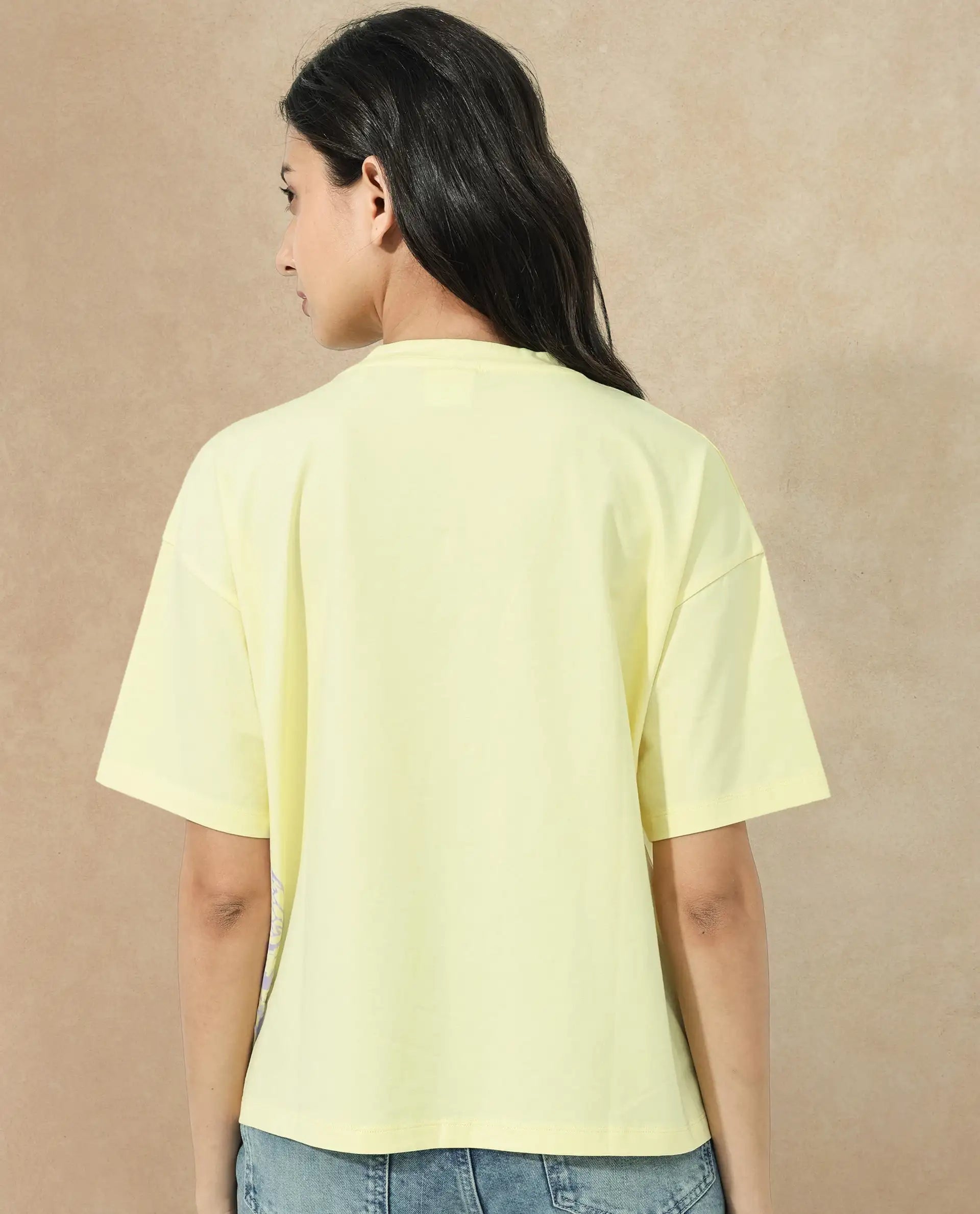 Rareism Women Grando Yellow Cotton Elastane Fabric Crew Neck Knit Solid T-Shirt