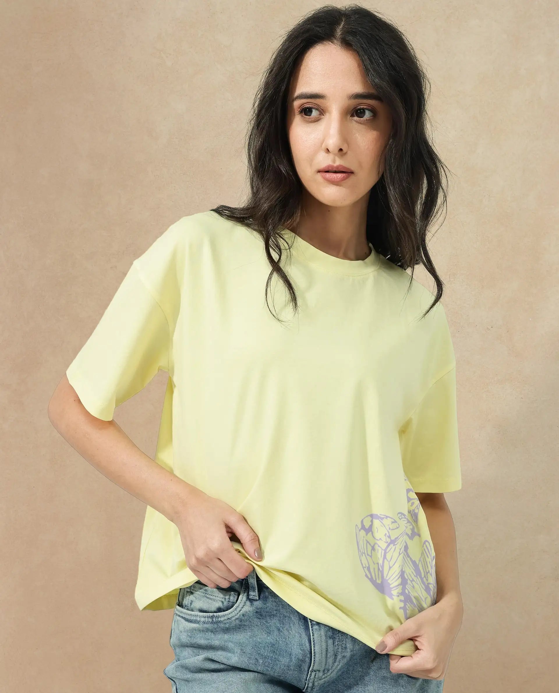 Rareism Women Grando Yellow Cotton Elastane Fabric Crew Neck Knit Solid T-Shirt