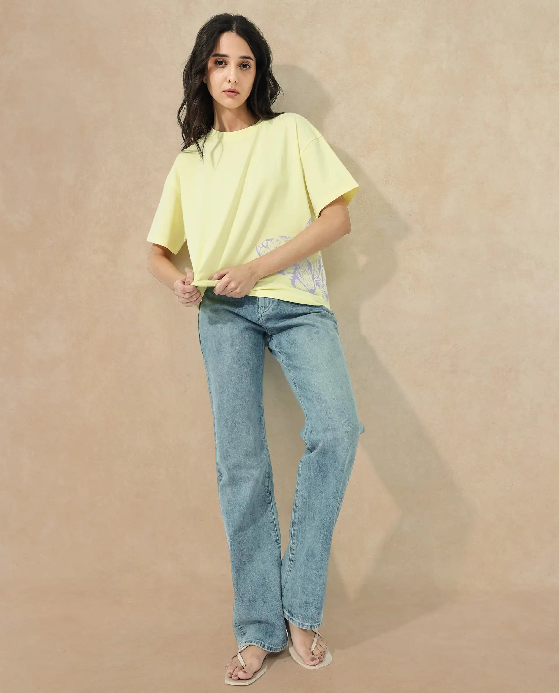 Rareism Women Grando Yellow Cotton Elastane Fabric Crew Neck Knit Solid T-Shirt