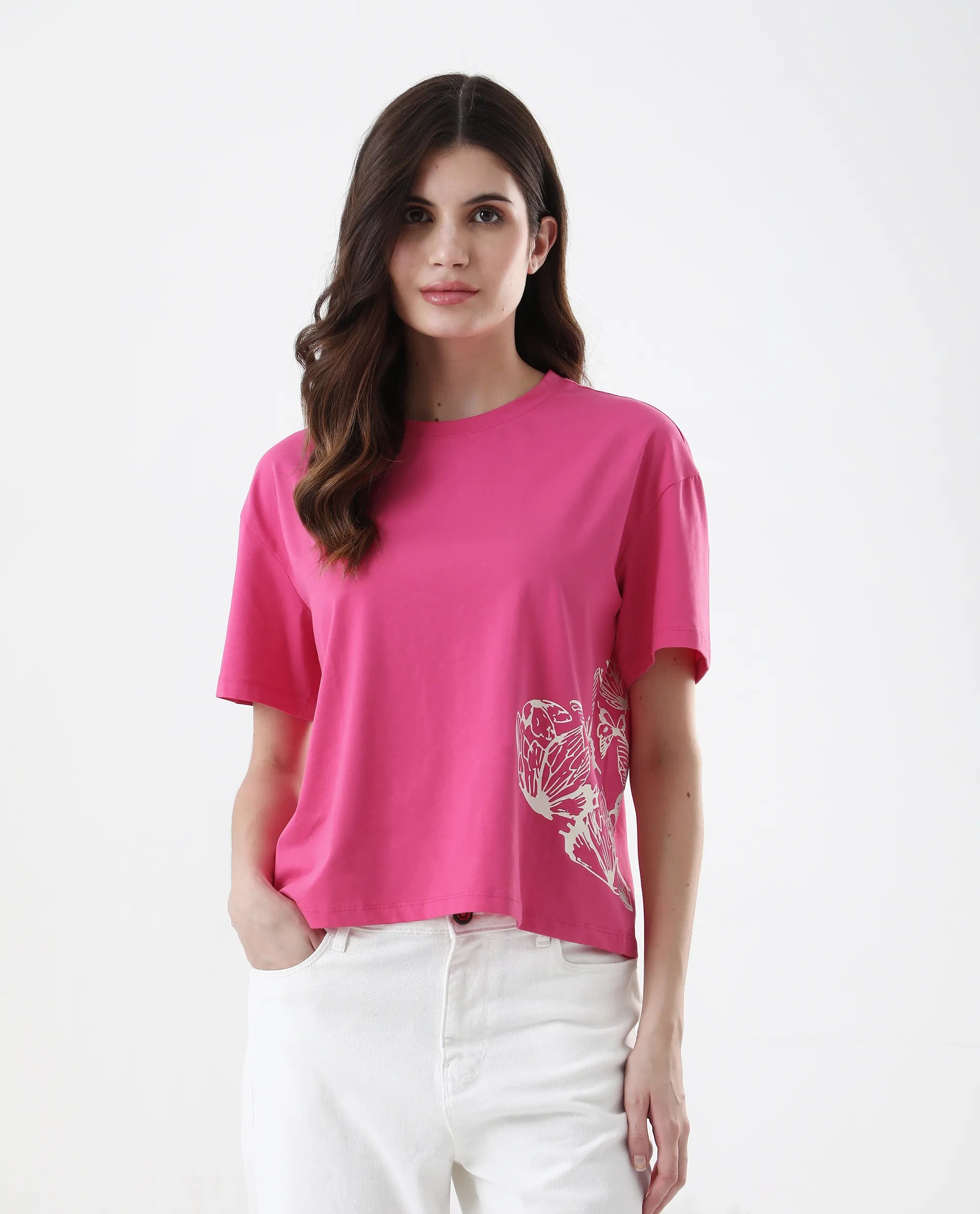 Rareism Women's Grando Flouroscent Pink Cotton Blend Crew Neck Graphic Print Boxy Fit T-Shirt