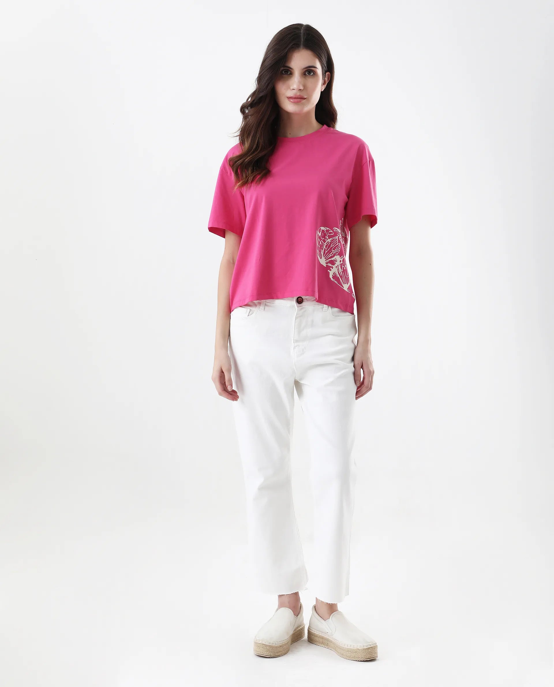 Rareism Women's Grando Flouroscent Pink Cotton Blend Crew Neck Graphic Print Boxy Fit T-Shirt