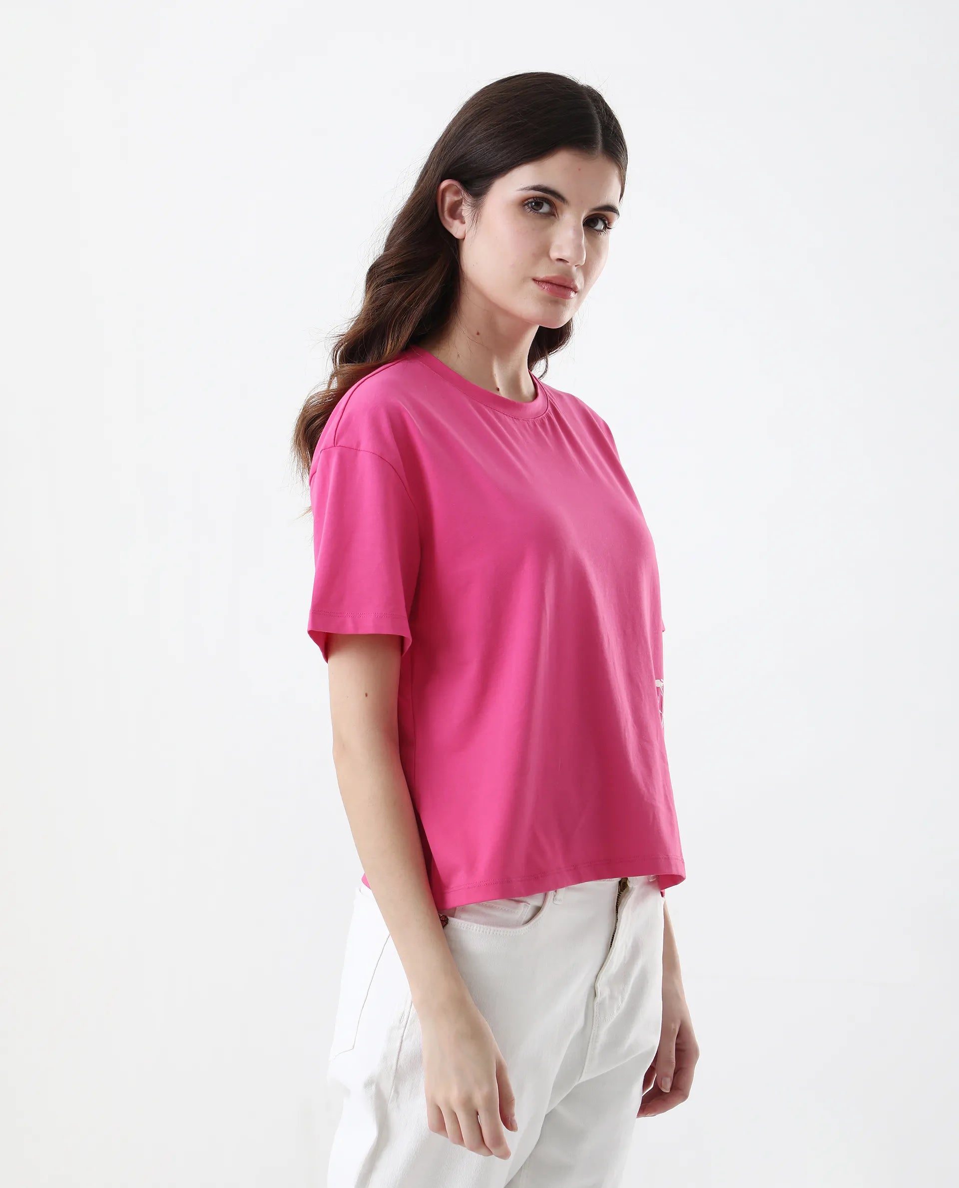 Rareism Women's Grando Flouroscent Pink Cotton Blend Crew Neck Graphic Print Boxy Fit T-Shirt