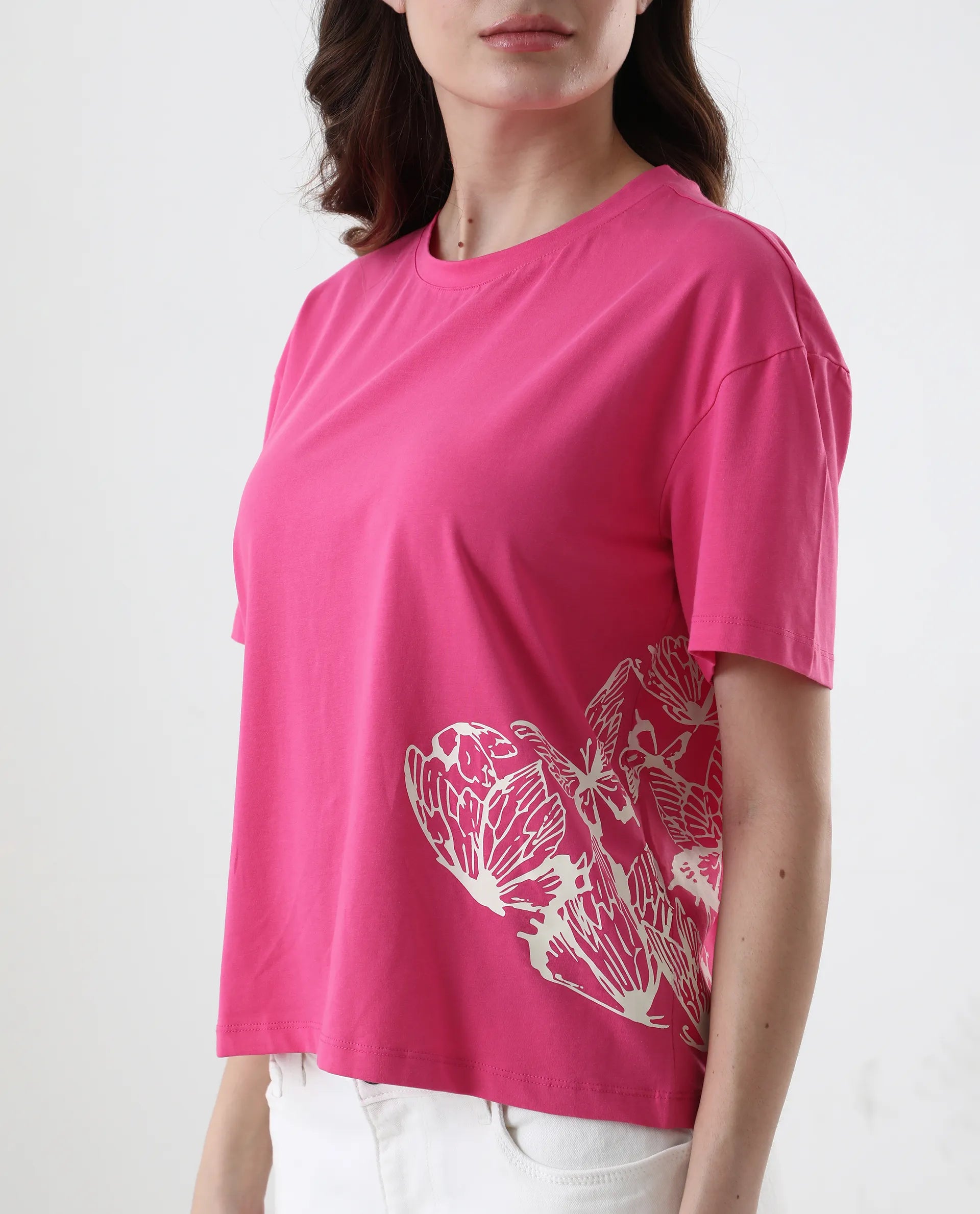 Rareism Women's Grando Flouroscent Pink Cotton Blend Crew Neck Graphic Print Boxy Fit T-Shirt