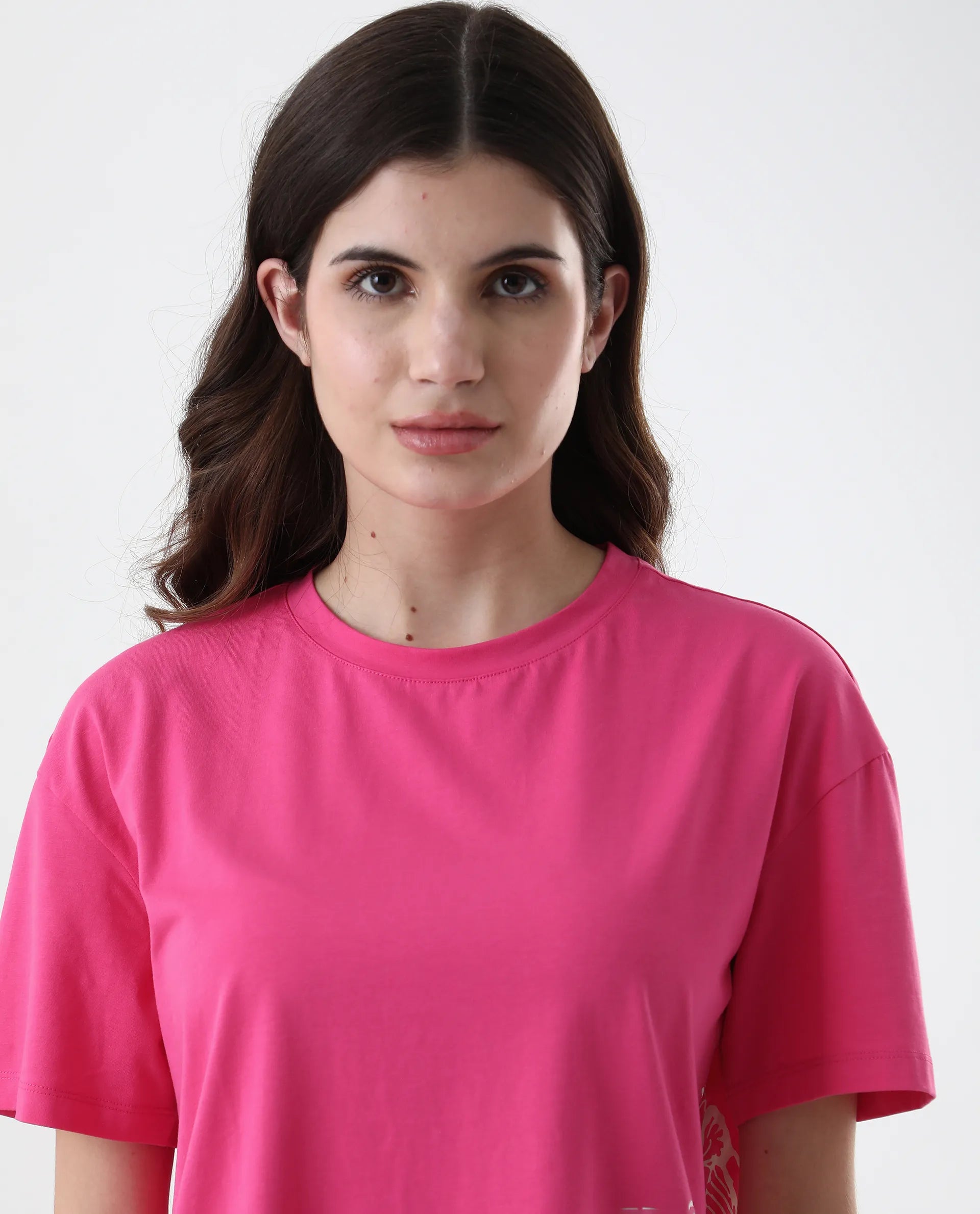 Rareism Women's Grando Flouroscent Pink Cotton Blend Crew Neck Graphic Print Boxy Fit T-Shirt