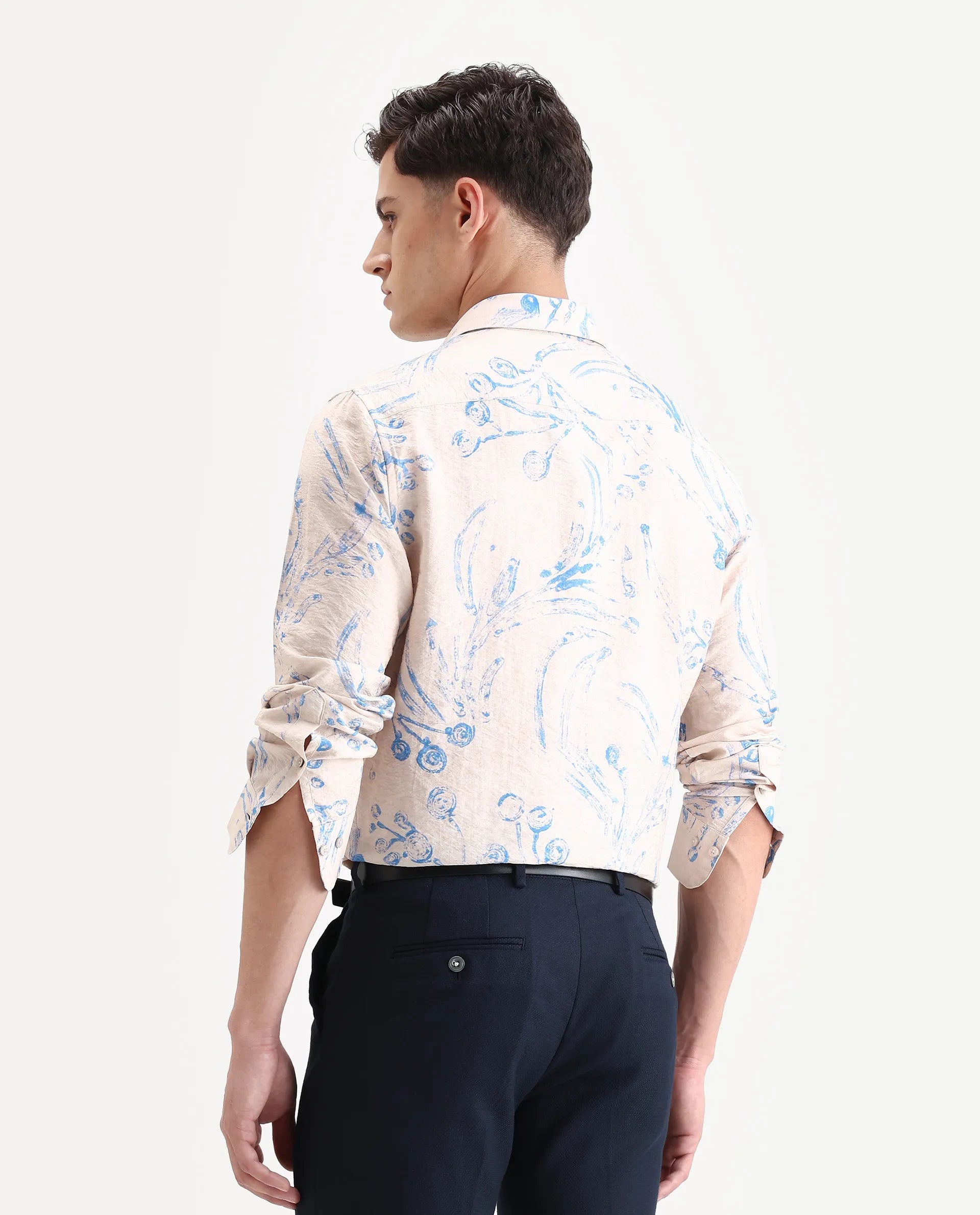 Rare Rabbit Men's Grat Light Beige Viscose Blend Fabric Collared Neck Regular Abstract Print Shirt