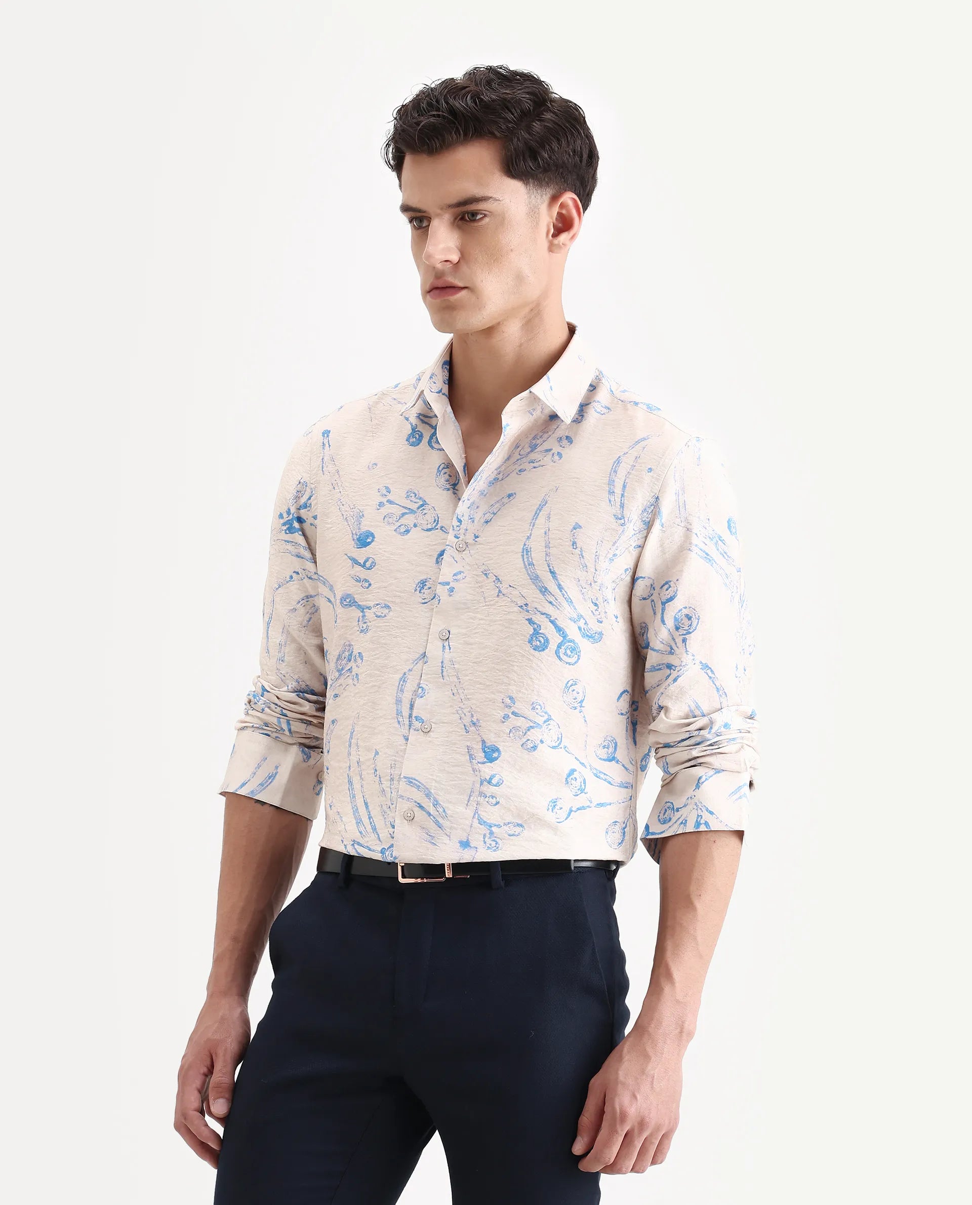 Rare Rabbit Men's Grat Light Beige Viscose Blend Fabric Collared Neck Regular Abstract Print Shirt