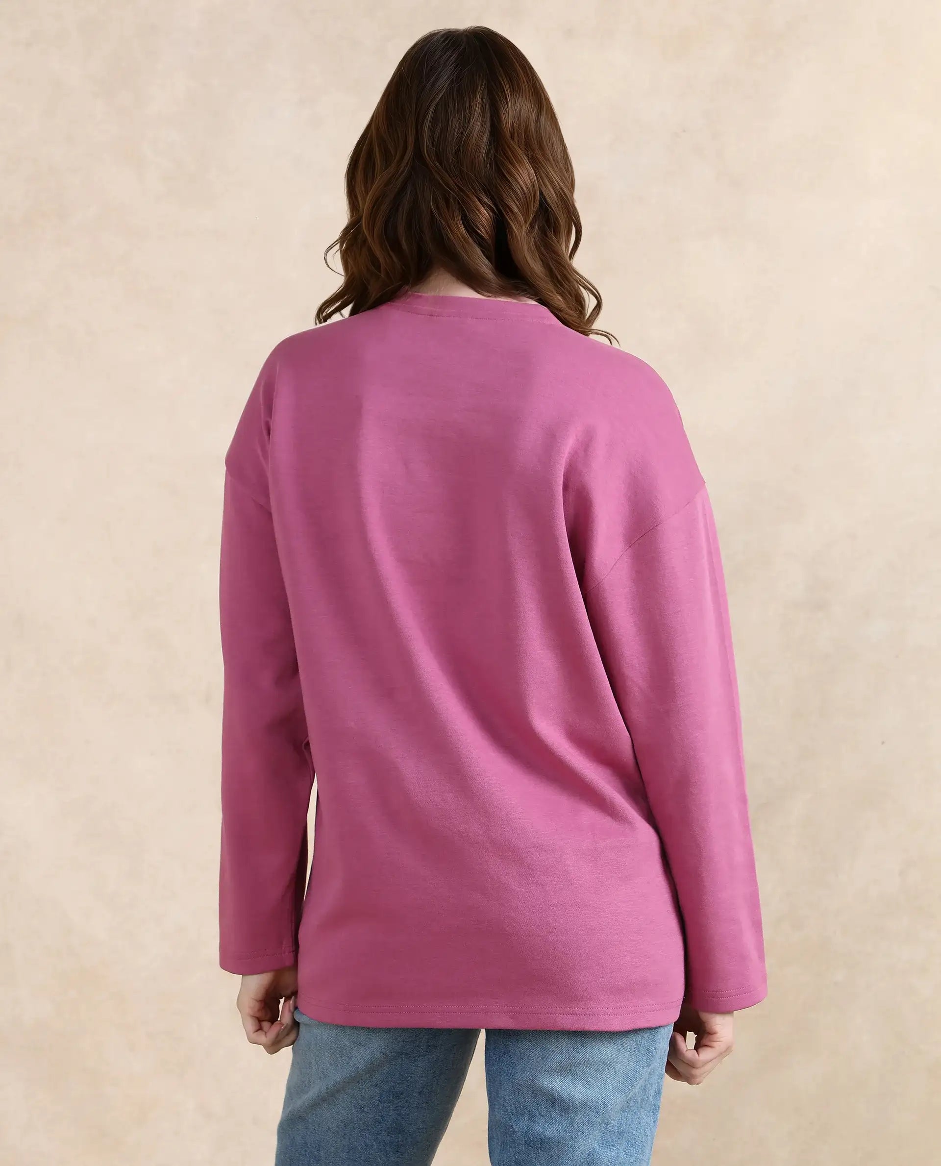 Rareism Women Gravity Pink Cotton Blend Fabric Full Sleeve Crew Neck Zipper Closure Relaxed Fit Hip Length Plain Sweatshirt
