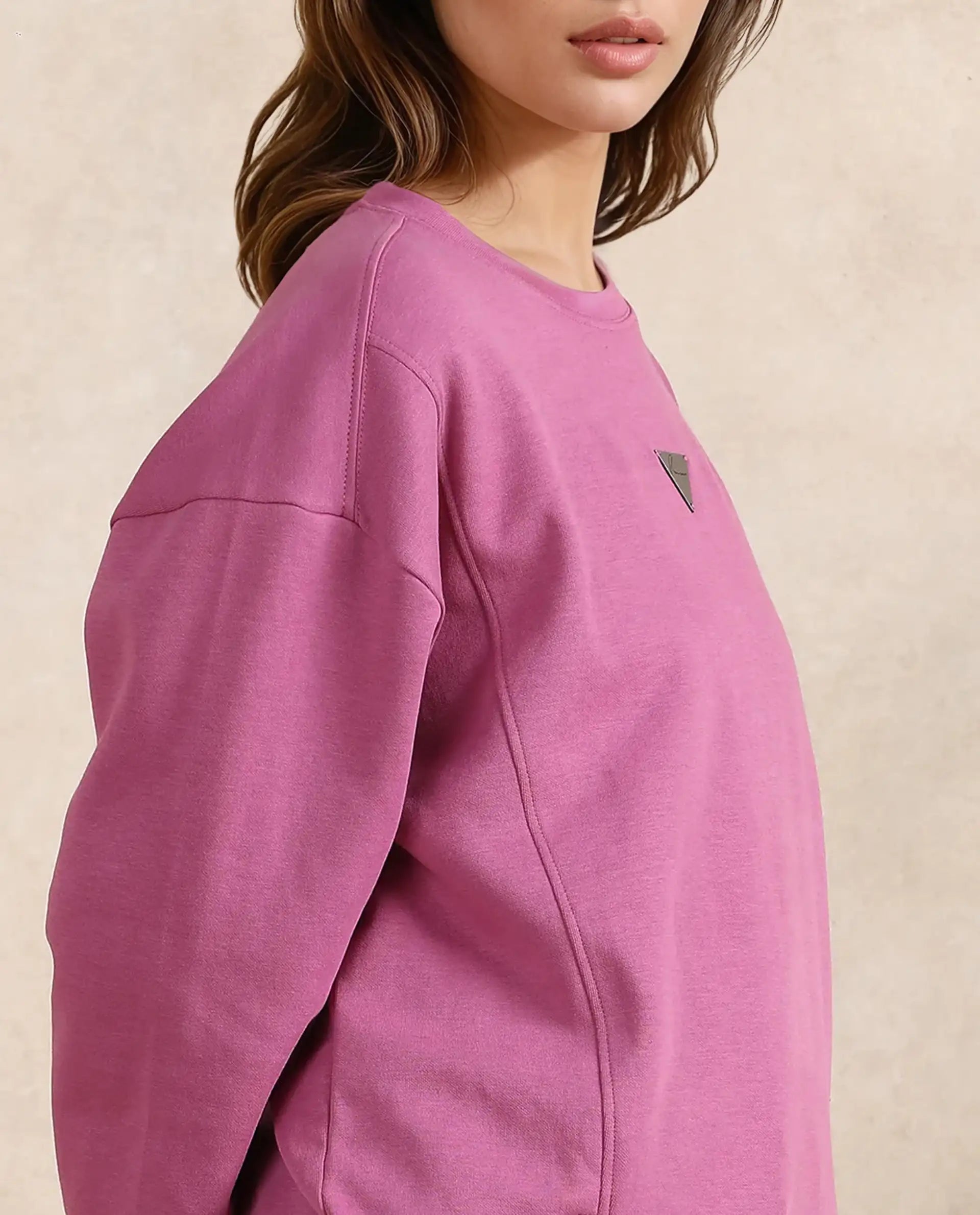 Rareism Women Gravity Pink Cotton Blend Fabric Full Sleeve Crew Neck Zipper Closure Relaxed Fit Hip Length Plain Sweatshirt